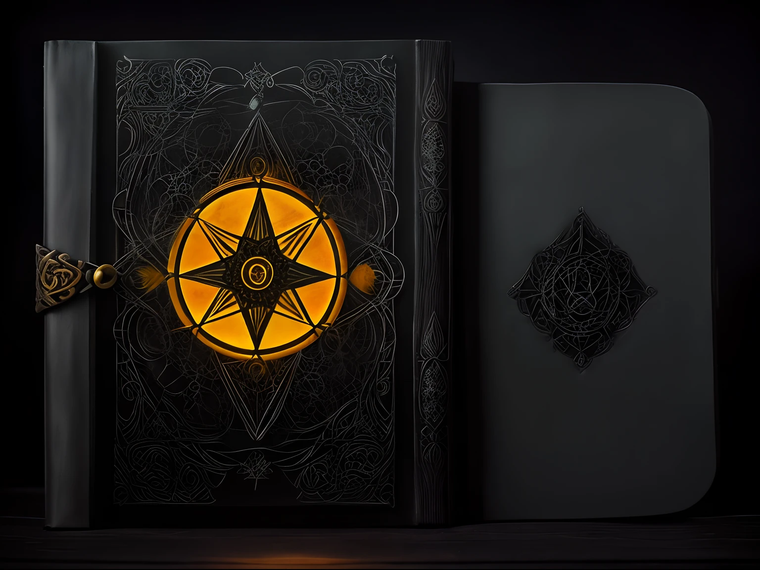 Gothic ancient Grimoire suspended im charcoal and amber magnetic fields, in Bioluminescent Gothic style, with dark energy halos, style raw, ethereal mist.