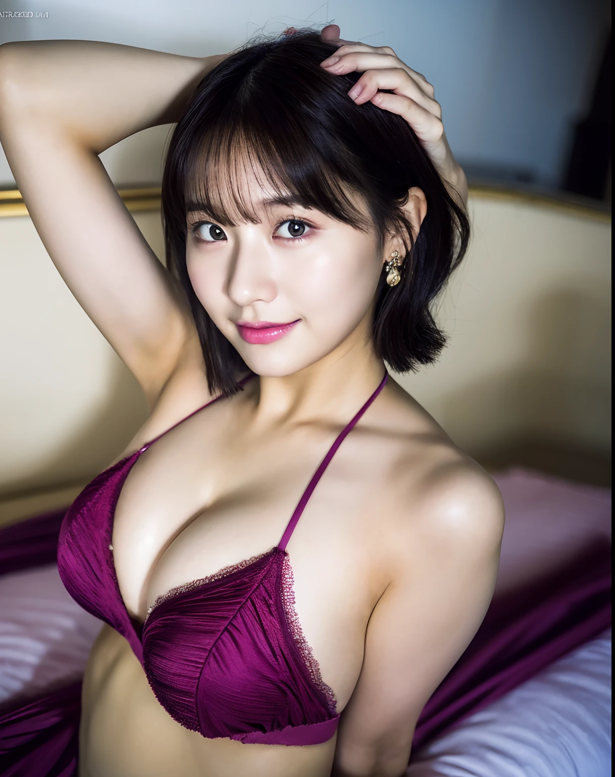 (8k, RAW photos, top quality, masterpiece: 1.2), ultra detail, ultra high resolution, (realistic, photoreal: 1.37), high definition RAW color photos, professional photos, depth of field, bokeh, realistic shadows, caustics, natural shading, photon mapping, cinematic lighting, HDR, Canon 24mm f2.8, ISO 100, 1/125 second shutter, Very delicate and beautiful, highly detailed 8k wallpaper, amazing, detail, huge file size, highly detailed CG Unity 8k wallpaper, official art, perfect artwork, production art, very detailed beautiful girl, very detailed face, very detailed eyes, very detailed skin, very detailed fingers, very detailed nose, very detailed mouth, perfect anatomy, very detailed background, very detailed clothes, very complex details, 1 girl, (20 years old: 1.2), cute girl, famous Japan idol, cute, (medium breasts), cleavage, realistic body, petite, fair skin, shiny skin, (slender figure: 1.2), good figure, (medium hair), ( dark brown hair), (dull bangs: 1.2), smile, cute, young, cute face, cute face, cute face, realistic face, Beautiful detailed eyes, drooping eyes, beautiful big eyes, big black eyes, beautiful clear eyes, (magenta colored bra), (magenta colored panties), (magenta underwear), (garter stockings), necklaces, earrings, watch viewer, cowboy shot, facing forward, (sexy pose: 1.5), contrapost, luxury hotel bedroom,