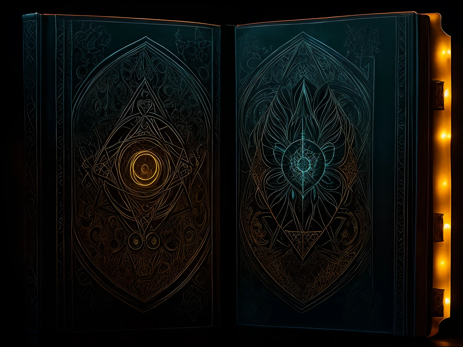 Gothic ancient Grimoire suspended im charcoal and amber magnetic fields, in Bioluminescent Gothic style, with dark energy halos, style raw, ethereal mist.