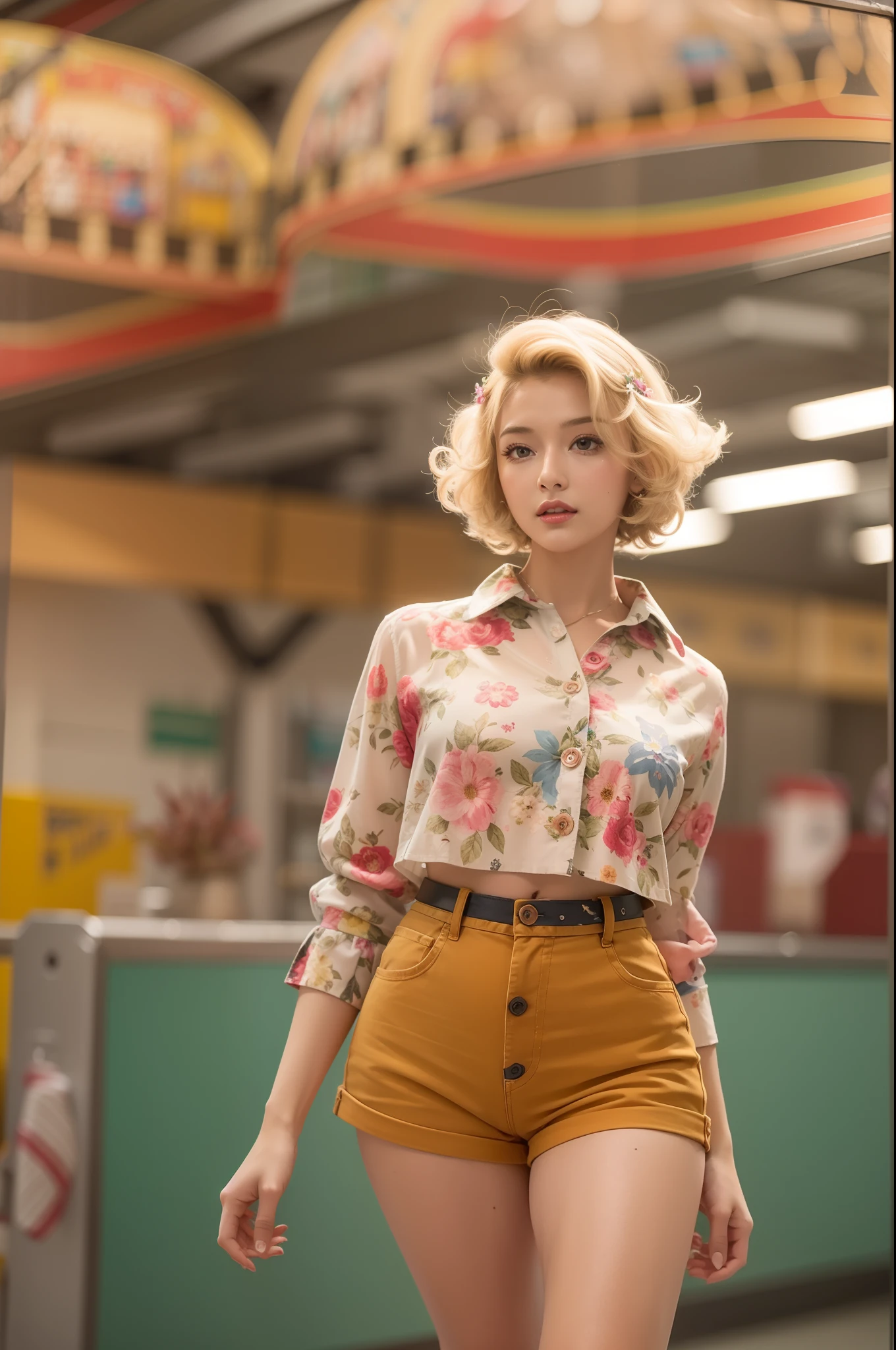 (((Masterpiece))), a top influencer woman, top quality, super detailed, cute and spunky, retro 60's style, fair skin, short curly blonde hair with flower clips, pastel red button up crop top transparent floral print sleeves, tan high waist button up shorts, skating rink background, Prores lense, Low angle shot, Desaturated color grading, rear projection, Tungsten light, Dynamic shadows, indie, high quality, ultra detail, 8k resolution,