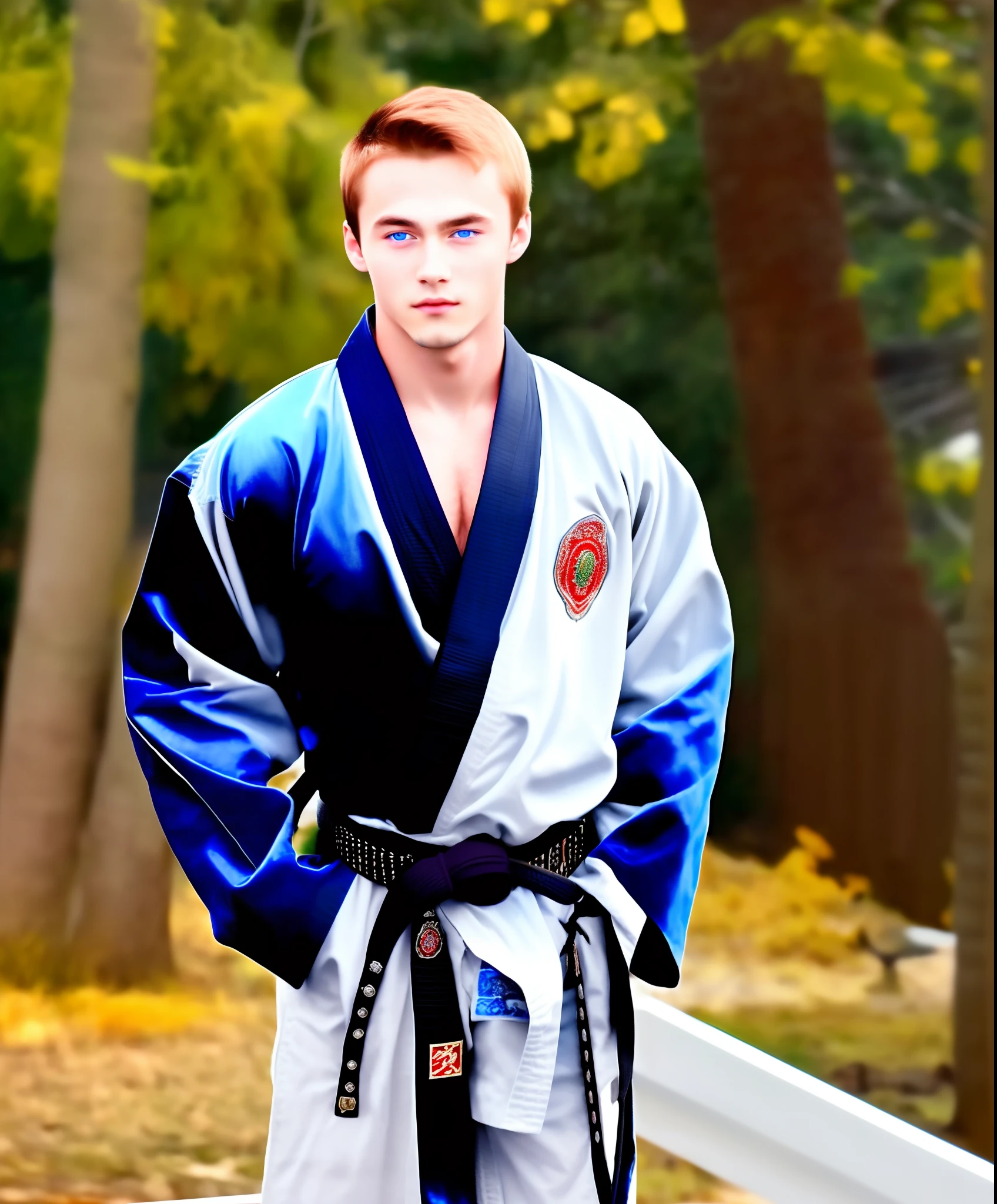 Young man with blue eyes black hair wearing a hearring with a martial arts robe on