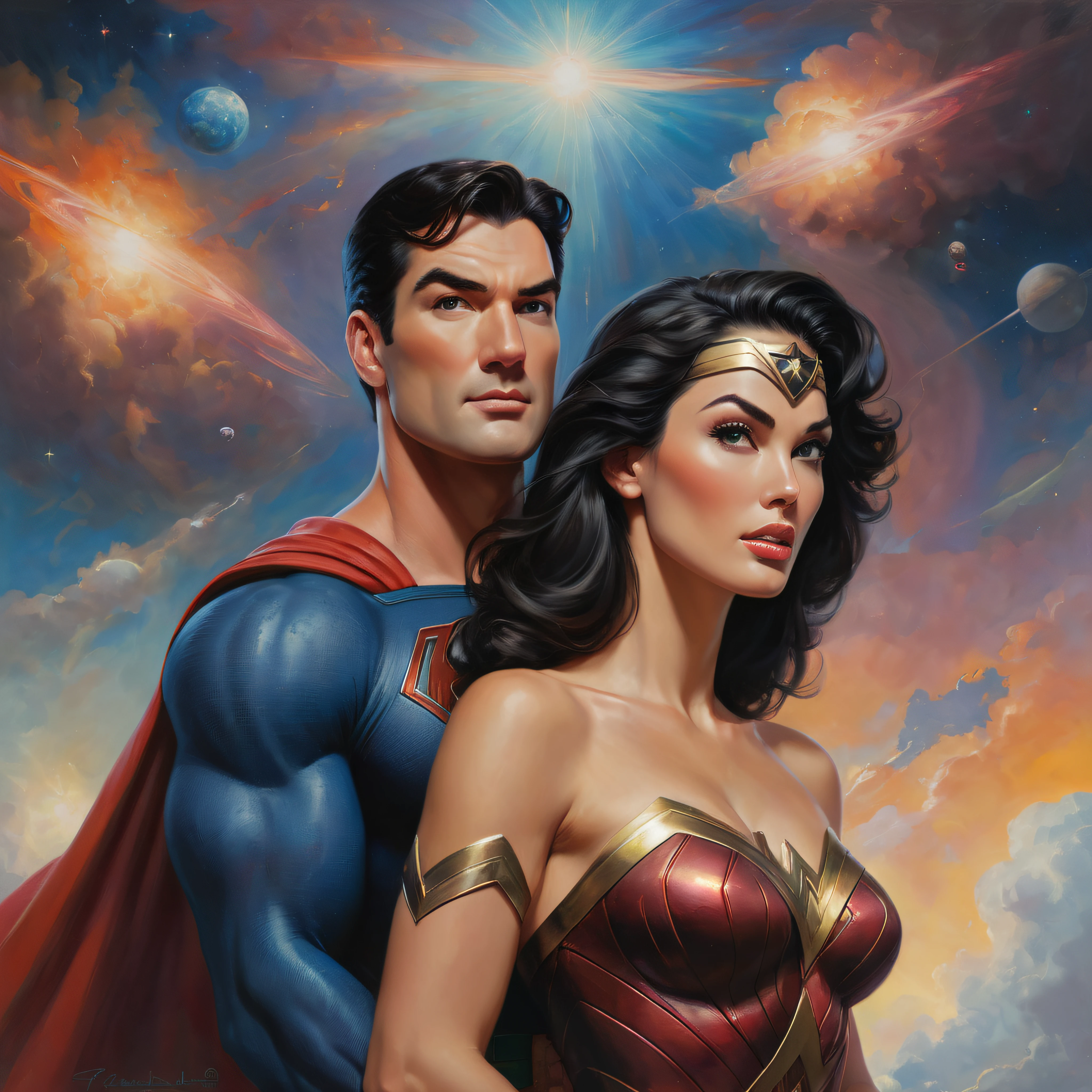 Head to shoulders image of Patrick Warburton as Superman and Megan Gale as Wonder Woman, extremely colorful, planets and stars and galaxies in the background, Multicolored lightning, fog, clouds, oil painting on canvas, in the art style of Frank Frazetta, Boris Vallejo, Julie Bell, Leonardo De Vinci, Rembrandt, Caravaggio, Michelangelo, Neal Adams, Thomas Kinkade, Norman Rockwell, Brom, Picaso,