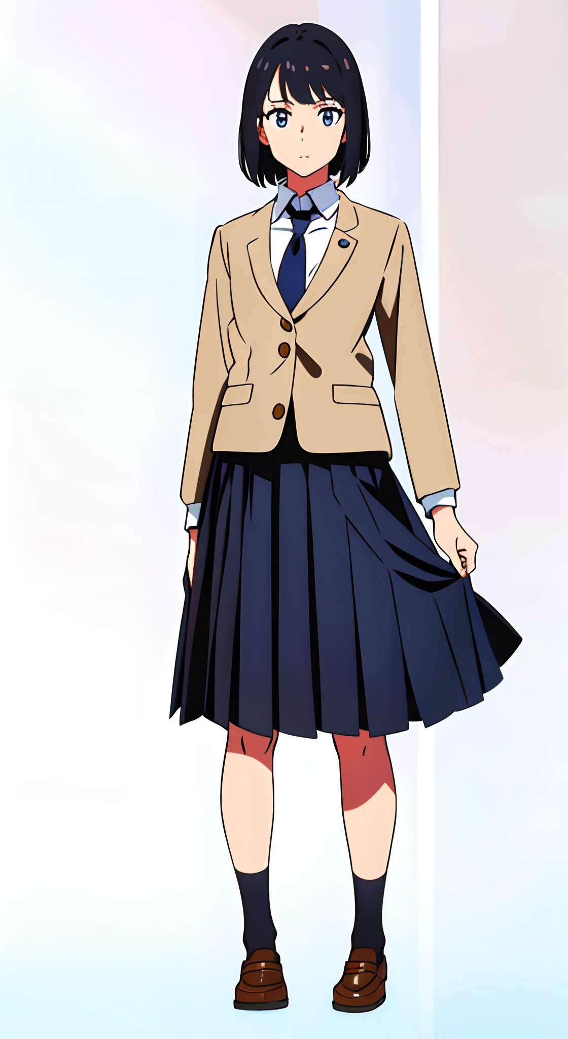 (white background:1.1), (best quality:1.1), (masterpiece:1.1), (full body:1.0), (solo:1.0), (a 18yo cute girl:1.3), (long skirt:0.9), (dark blue skirt:1.0), (pleated skirt:1.1), (school uniform beige blazer:1.1), (dark blue necktie:1.0), (black socks:1.0), (loafers:1.0), (lanky:0.9), (tall:0.9), (slender:1.1), (small breasts:0.9), (detailed beautiful eyes:1.0), (detailed beautiful face:1.0), (glowing black eyes:1.0), (short hair:1.0), (strait hair:1.0), (black hair:1.0), (standing:1.0), (looking at viewer:1.0)