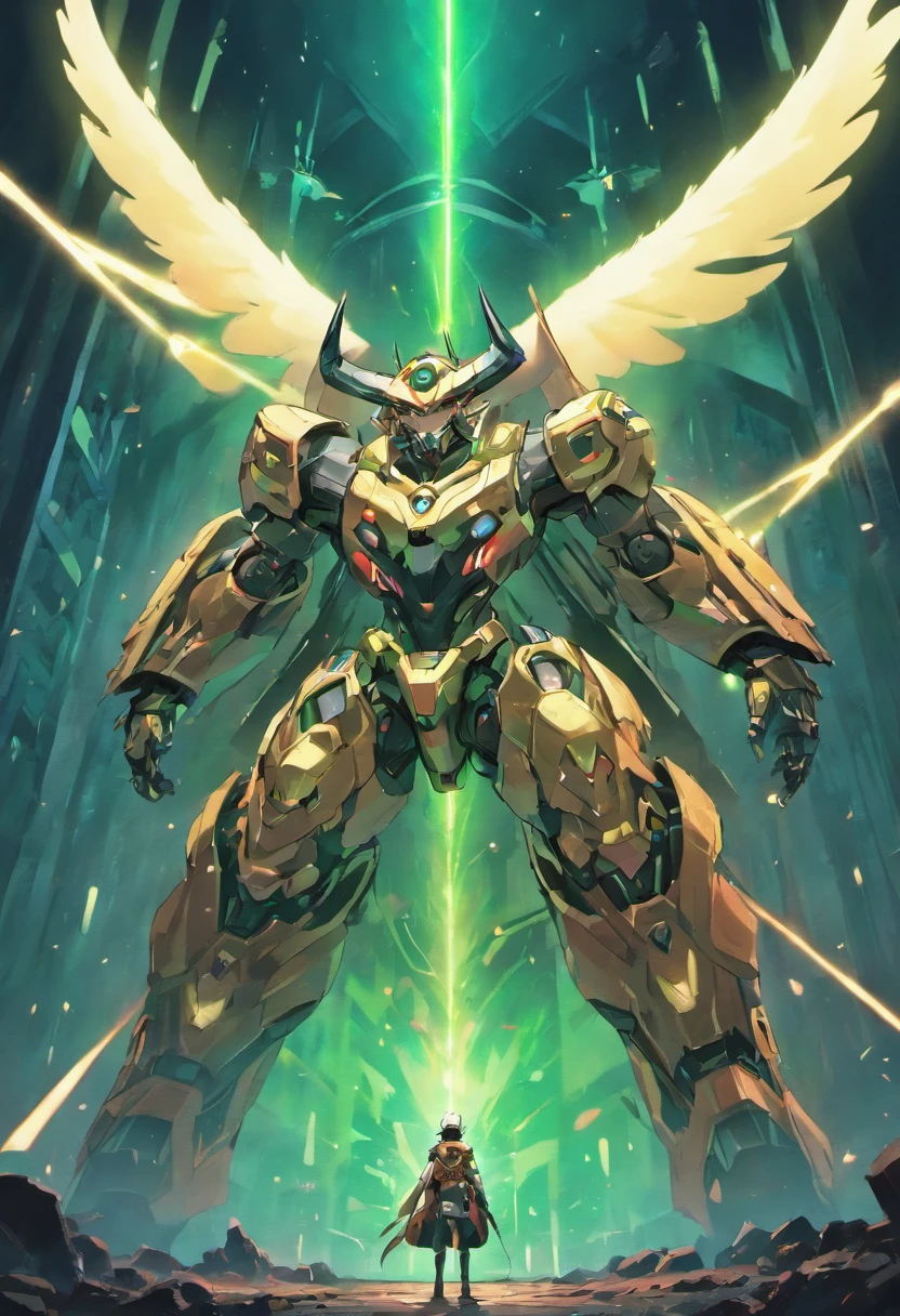 a cow armed with laser cannons on its back, it has rockets in place of its horns, in the background there is a minas morgul in which characters from Harry Potter are fighting against characters from Star Wars, there is a futuristic plane in the sky with the inscription "ORZEL 1"