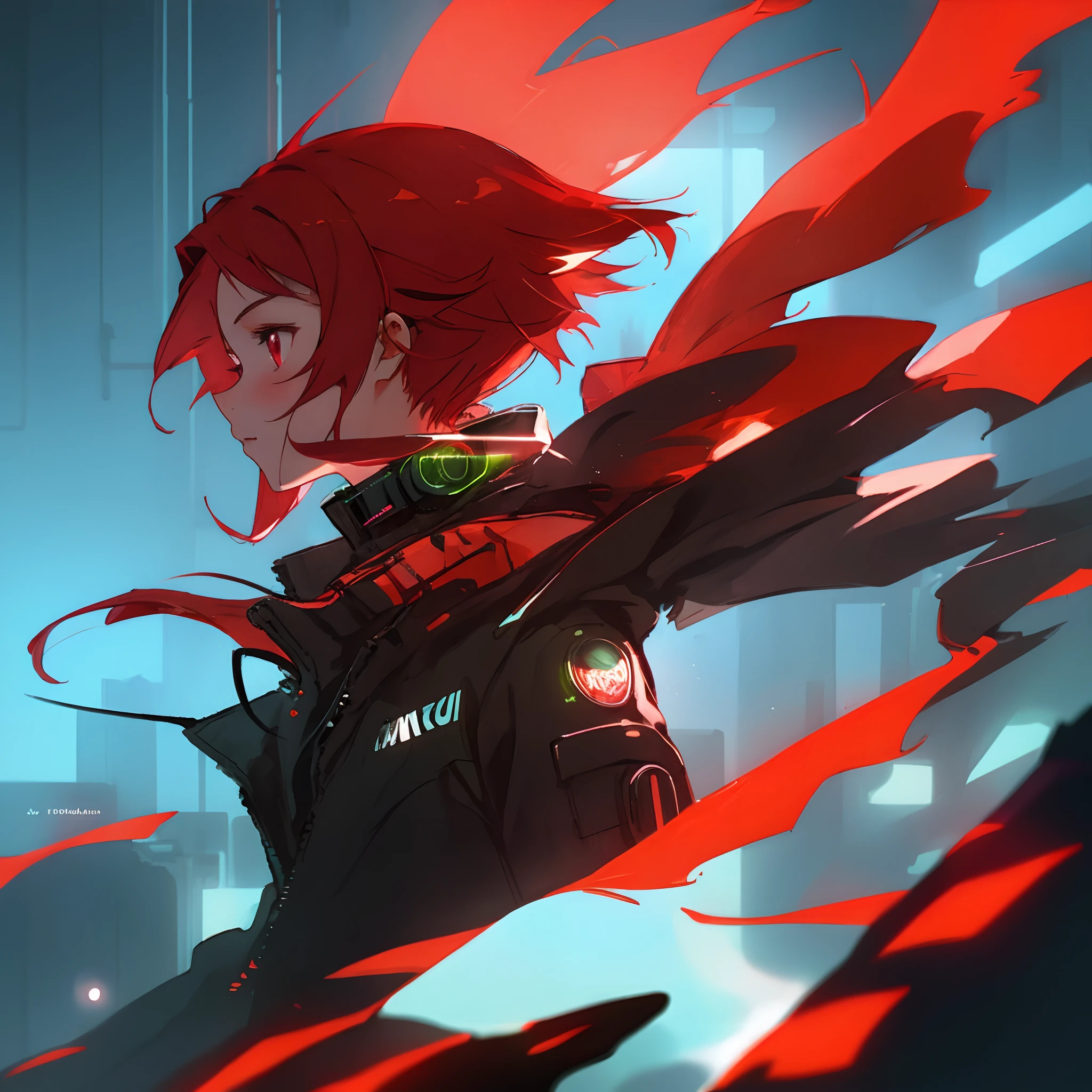 profile picture with a anime girl with glowing red hair and a cyberpunk background