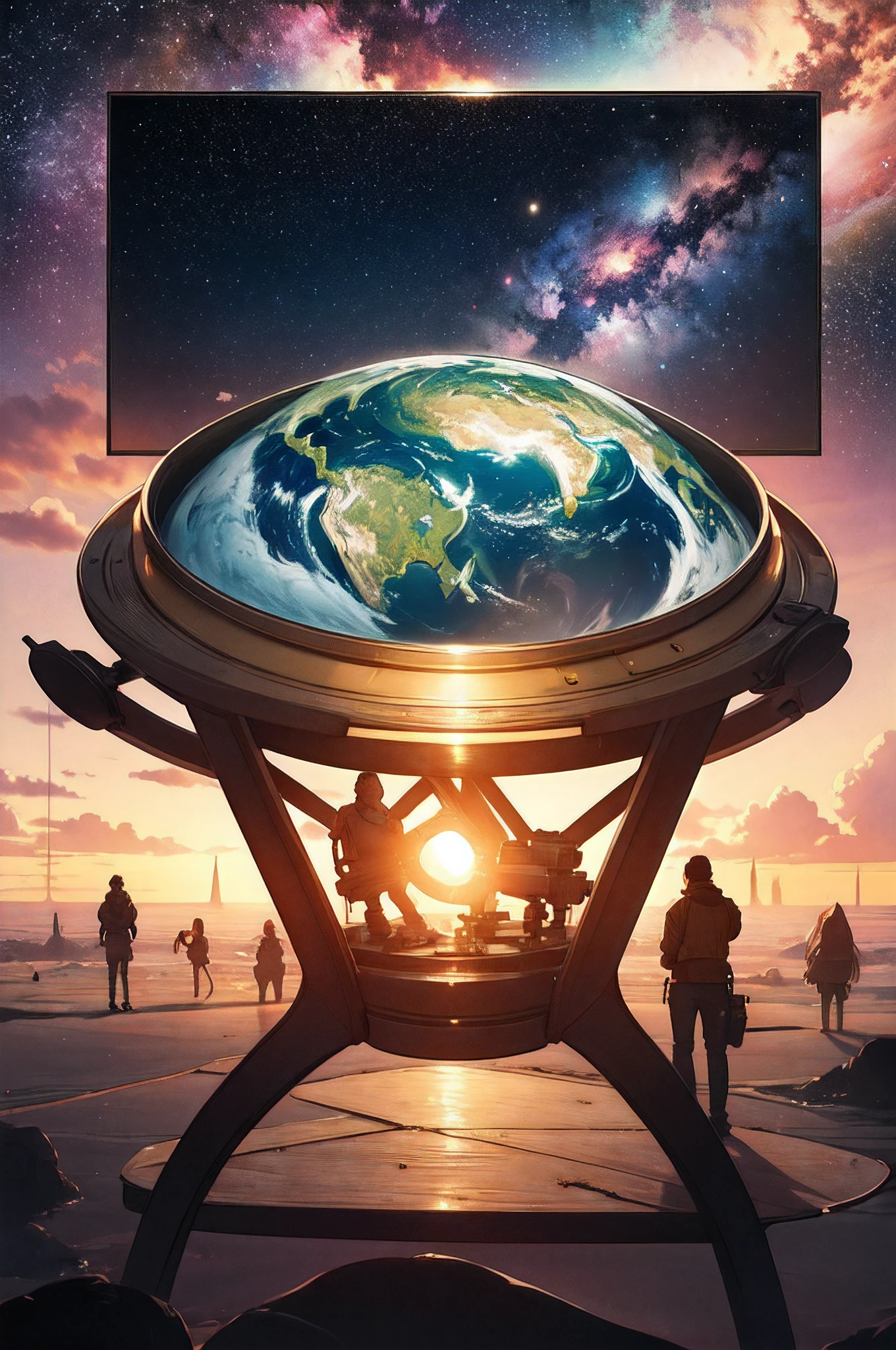 (masterpiece, high resolution:1.3), a captivating scene portraying aliens observing planet Earth from space with meticulous detail:1.2). The aliens are intricately crafted, their otherworldly features conveying a sense of curiosity and wonder as they gaze upon the blue planet:1.2). Positioned against the cosmic backdrop, the aliens peer through advanced technology, capturing the details of Earth's diverse landscapes and oceans:1.2). The Earth, meticulously detailed, showcases its continents, weather patterns, and the delicate balance of nature:1.2). Celestial elements, such as stars and galaxies, surround the aliens, emphasizing the vastness of the cosmos:1.2). The scene captures a moment of cosmic exploration, conveying a mix of intrigue and fascination from the alien observers:1.2). Ensure the visual quality is excellent, bringing out the intricate details of the aliens and the awe-inspiring spectacle of Earth from space:1.3).