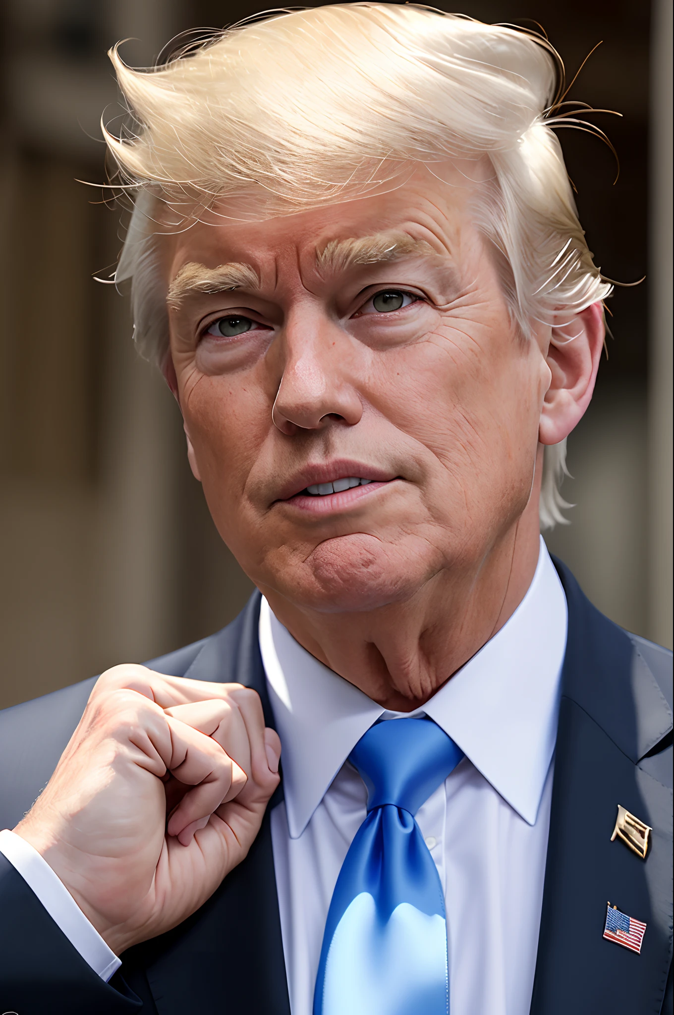 The true image of Trump's middle-aged business professional, 100 weight ponds, Professionally wear a suit and tie, high high quality, Highest resolution, Standing position, Hands down, professional, Beautiful delicate slightly brown eyes , beautiful detailed lips, Short beard, Short hair that turns gray, Kind expression, Warm smile, Noble appearance, proper lighting, Plain background, The image is clear,No blur effect, Ultra-detailed texture,Masterpiece:1.2