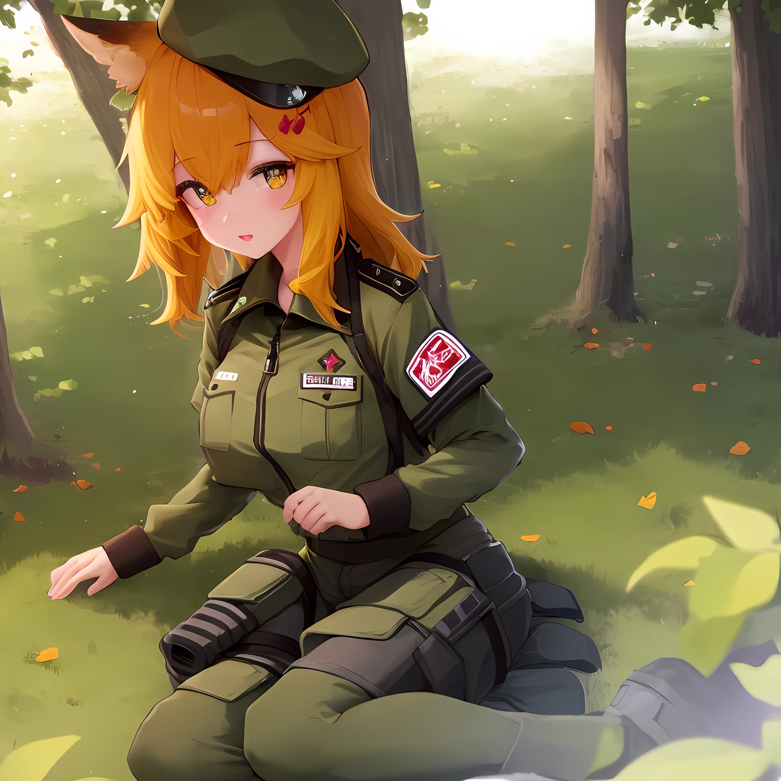 (Best Quality,4k,hight resolution,Masterpiece:1.2),Fox Girl,ear,Army uniform,Tactical Military Uniform,Green Army Uniform,On the Front Line,single girl,Bushes,the trees, Detailed girl, beatiful face, redhead hair, Beautiful Uniform, Very nice uniform, Ultra-detailed uniforms, Very nice military uniform, Very detailed 4K shape, pretty eyes, very detailed eyes, Beautiful yellow eyes, Almost orange eye color, Very nice girl