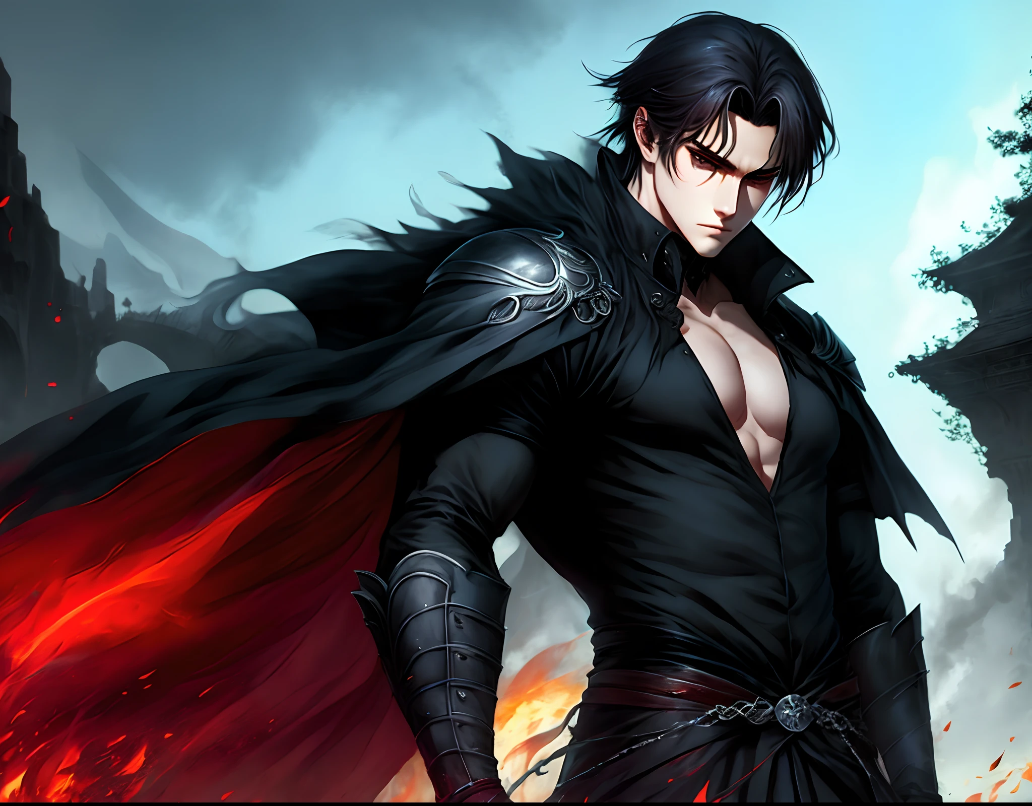 Personnage manwha, Duke du Nord, homme, yeux cramoisis, cheveux noir, chevalier de guerre, monde historique et fantastique, dragon noir aux yeux rouges, mature, style anime, puissant, charismatique, cheveux mi longs