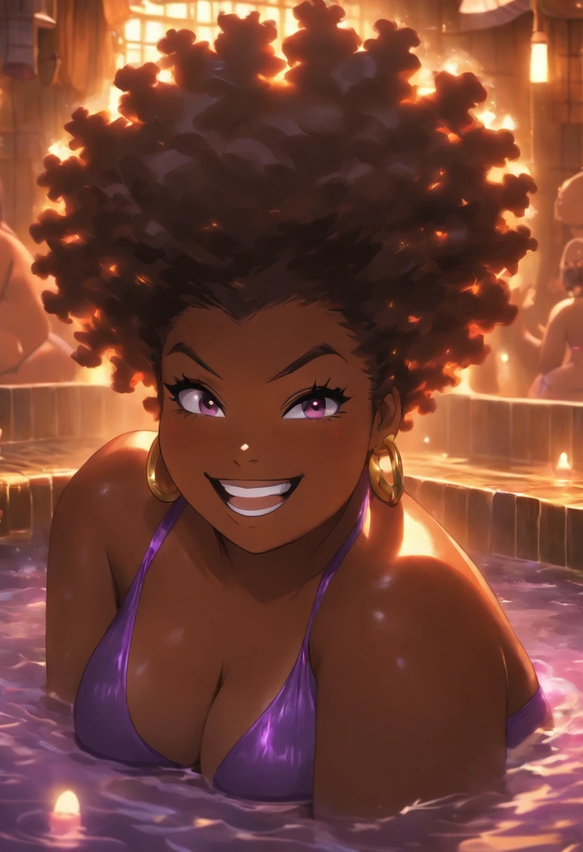 fat girl, obese girl, sitting in a steamy bathhouse, jacuzzi, huge ass/thighs, sexy afro girl, black Afro, wearing purple bikini massive boobs, brown glowing eyes, very dark skin, sexy flirty smile High resolution