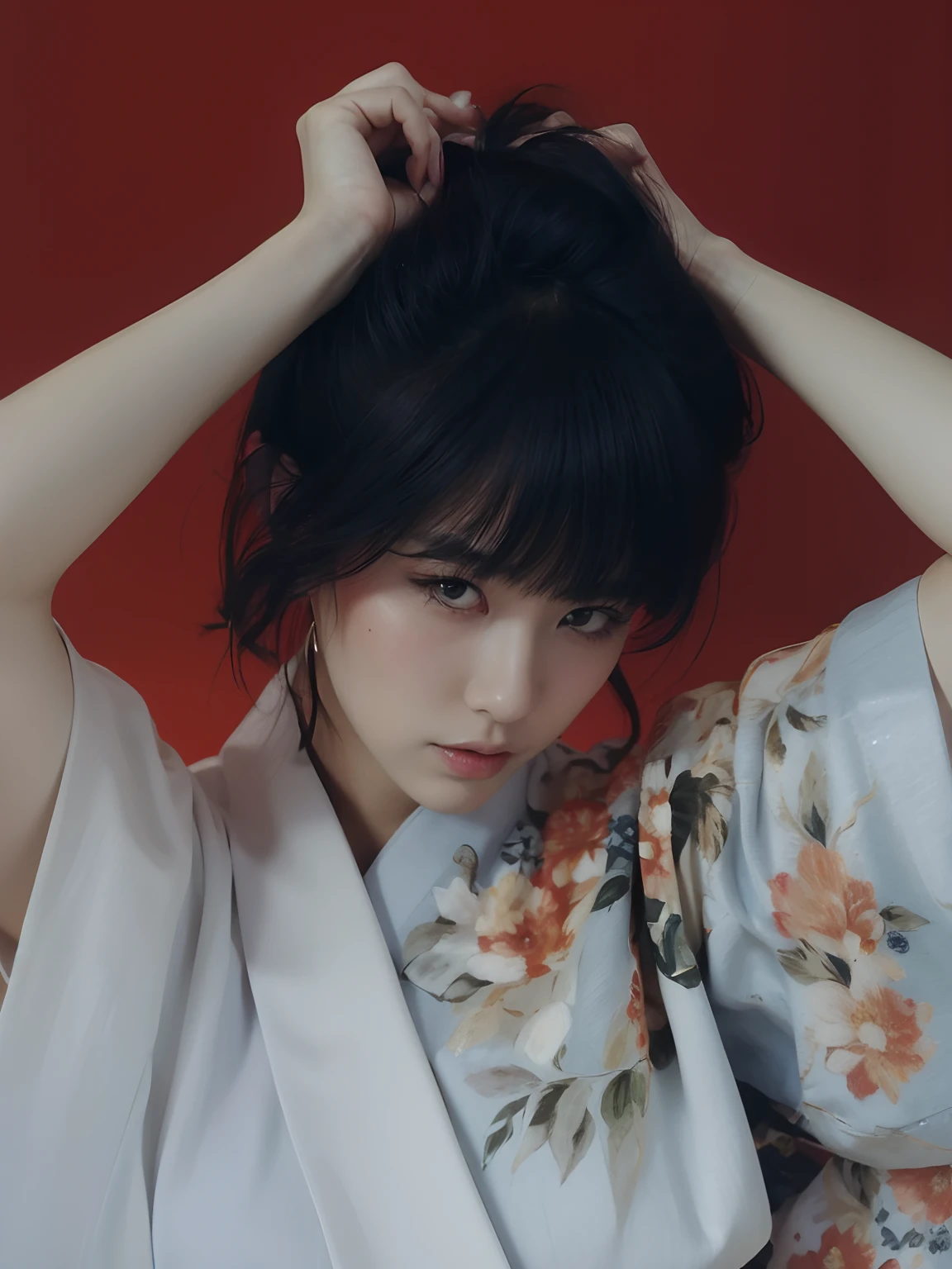 (Best quality, 8k, 32k, Masterpiece, UHD:1.2),  Photo of Pretty Japanese woman, large breasts, very short bob hair, Black Hair, portrait, sparks, vintage poster