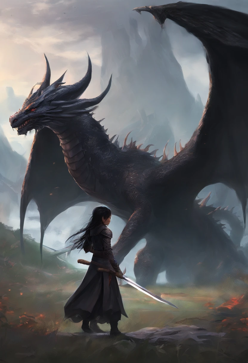 mythology, 12 year old girl dragon slayer with long sword, short black hair, black clothes, Dragon in background, best quality,