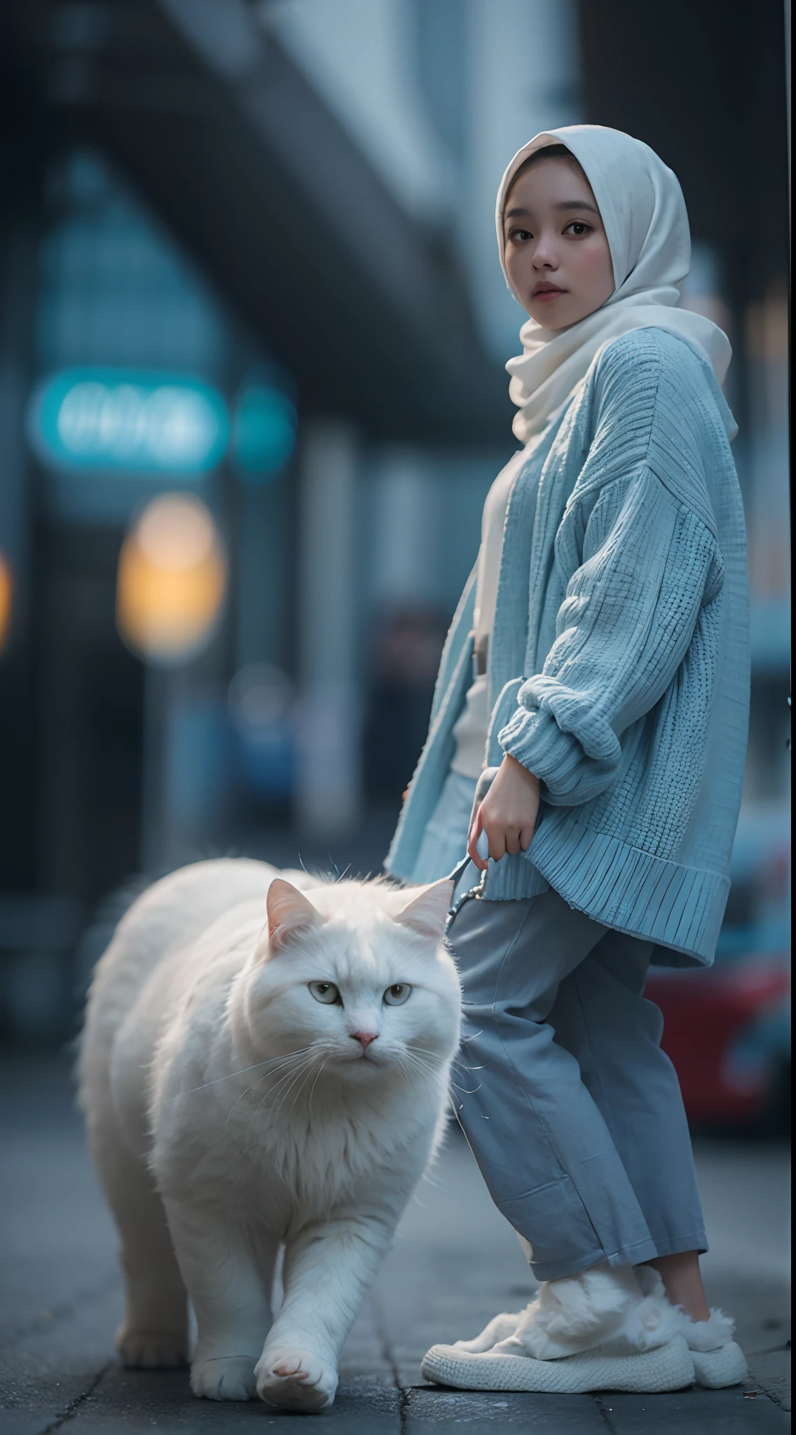Malay girl walking with her very big fluffy white cat, she is wearing pastel blue big loose knitted sweater and cotton panties and long knitted sock, posing with her very big white fluffy cat in night KL city street, wearing hijab, cute white cat by her side, pastel color hijab, petite body, high quality, Prores lense, Low angle shot, Desaturated color grading, rear projection, Tungsten light, Dynamic shadows, indie, high quality, ultra detail, 8k resolution,