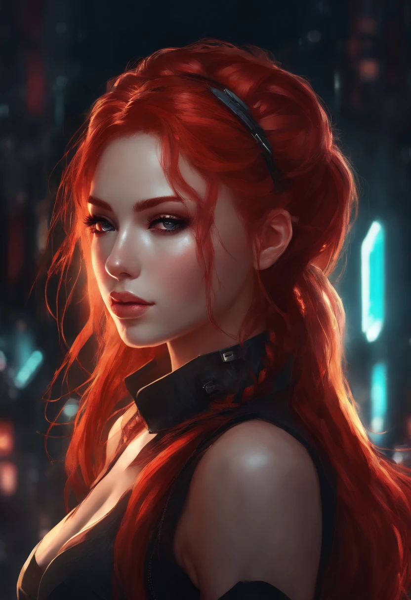 anime girl with glowing red hair and a dark cyberpunk background