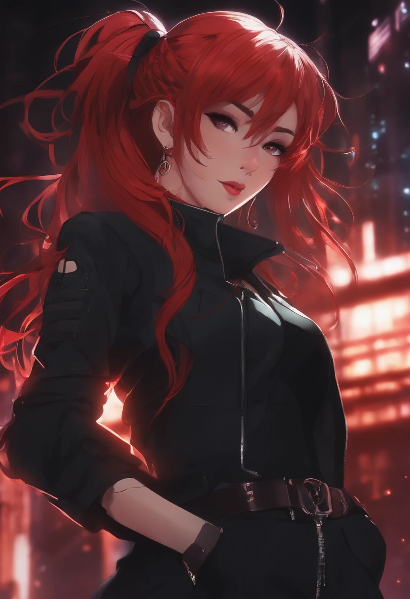 anime girl with glowing red hair and a dark cyberpunk background