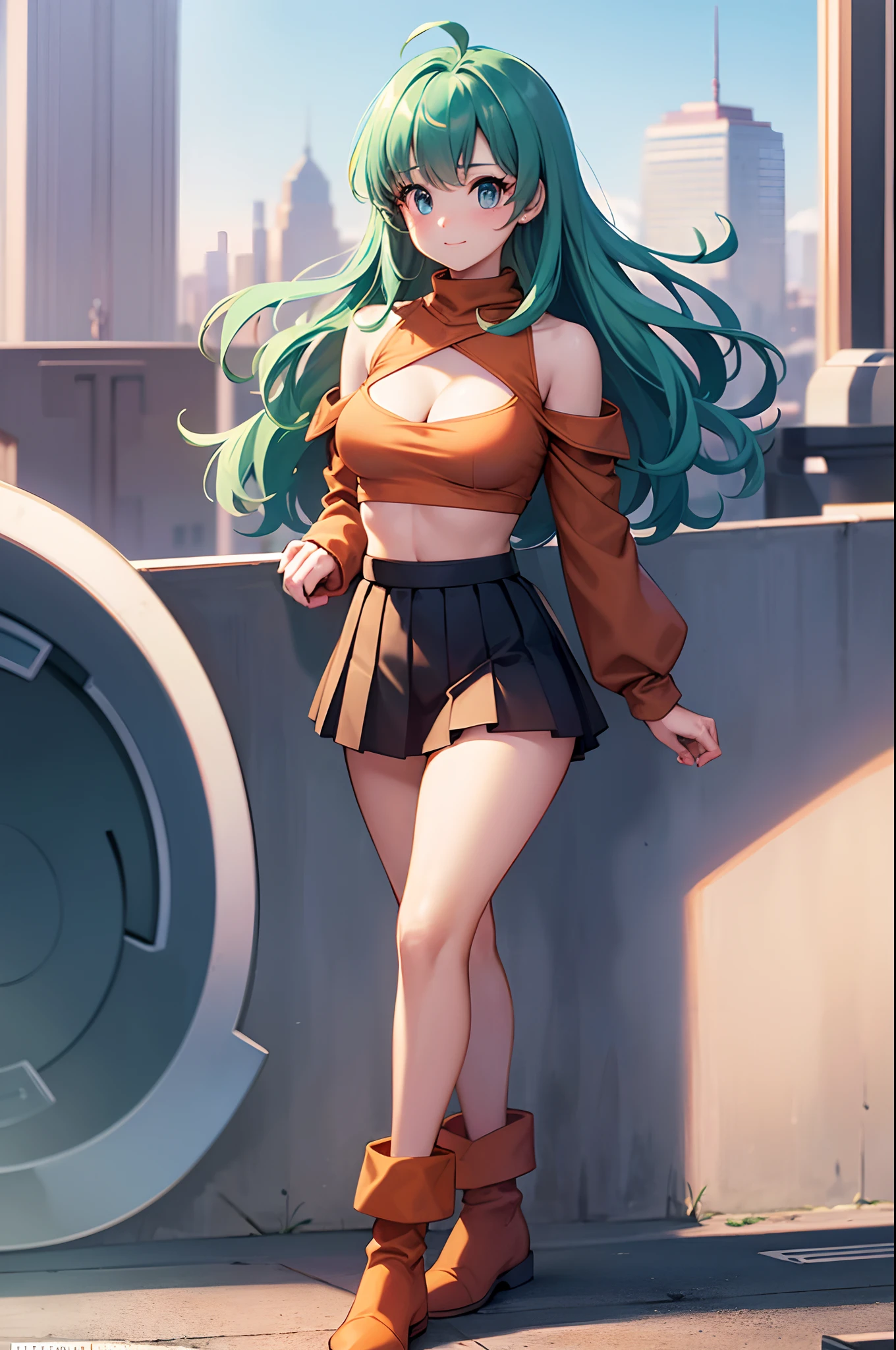 (masterpiece), best quality, (Highly Detailed CG Unity 8k wallpaper), Detailed background, city landscape, skyline,   (Hands by Guido Daniele: 0.5), First person perspective, 1, Beautiful human girl who is attractive and perfect, teenager,  (long turquoise hair), (curvaceous), (hourglass figure), (goku gi crop top) , (blue waist sash), ((black thigh high socks)),   (navel), (orange pleated skirt), (seductive standing legs crossed sexy), legs crossed, slender legs (UGG boots), (white thighs: 1.12), (Ahoge: 1.13),  side angle full body view, (princess style medium long hair:1.12), (turquoise eyes: 1.13), Look at the viewer, big, ((cleavage)),SFW, beautiful face, (Blush: 0.90), (Smile: 1.11)expressive eyes, perfect face, medium breasts,