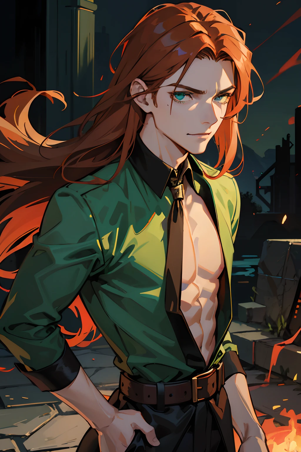 ember, Guy, slim physique, ah high, grown up, Long copper hair, brown-hair, floting hair, Emerald-colored eyes, higly detailed, Gloomy, Russian, Senior, black undershirt, wrinkles, scar on his left eye, green colored eyes, smirk, Buttoned-up shirt