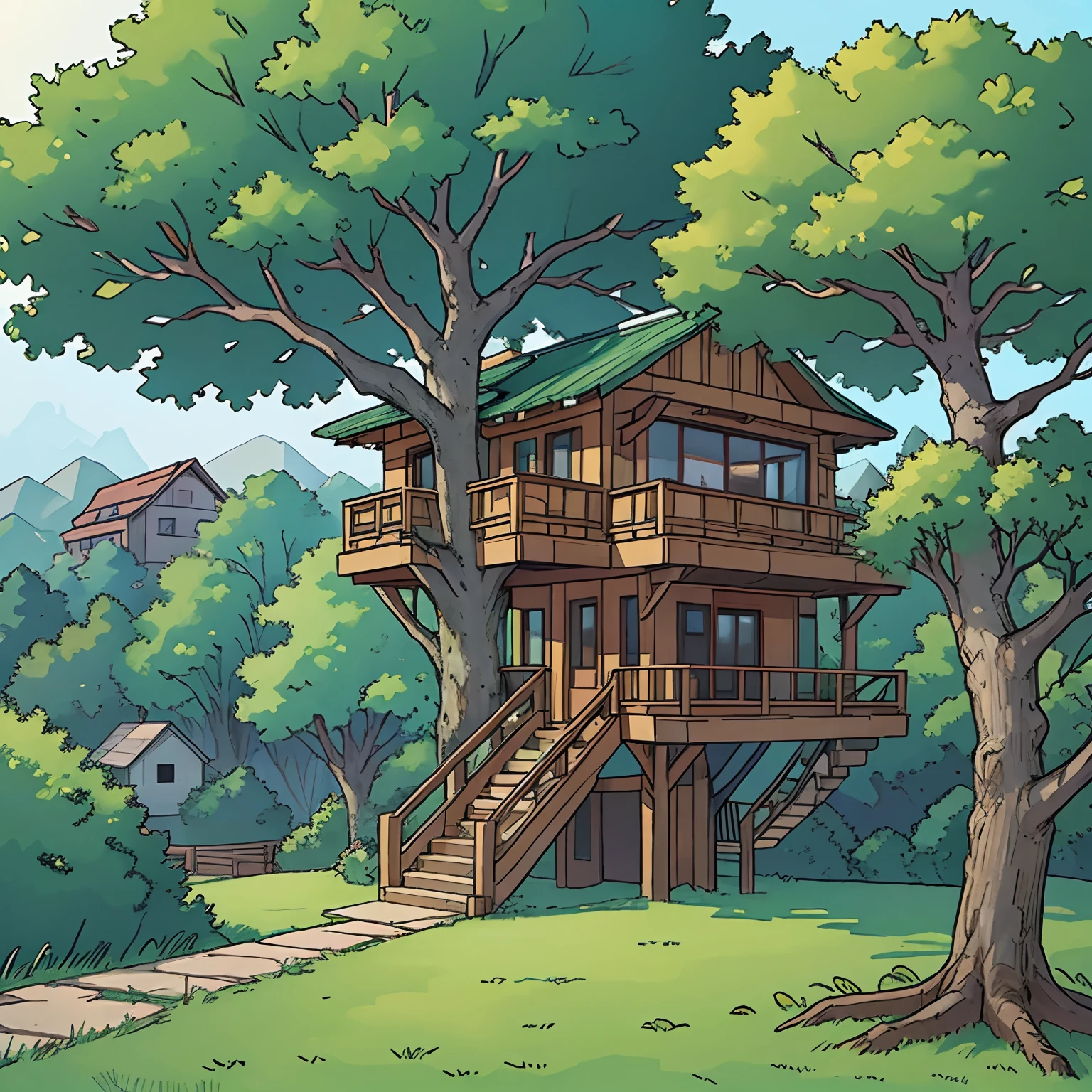 Tree house, modern, large house, large tree, lawn, hills, village background, daytime, no one