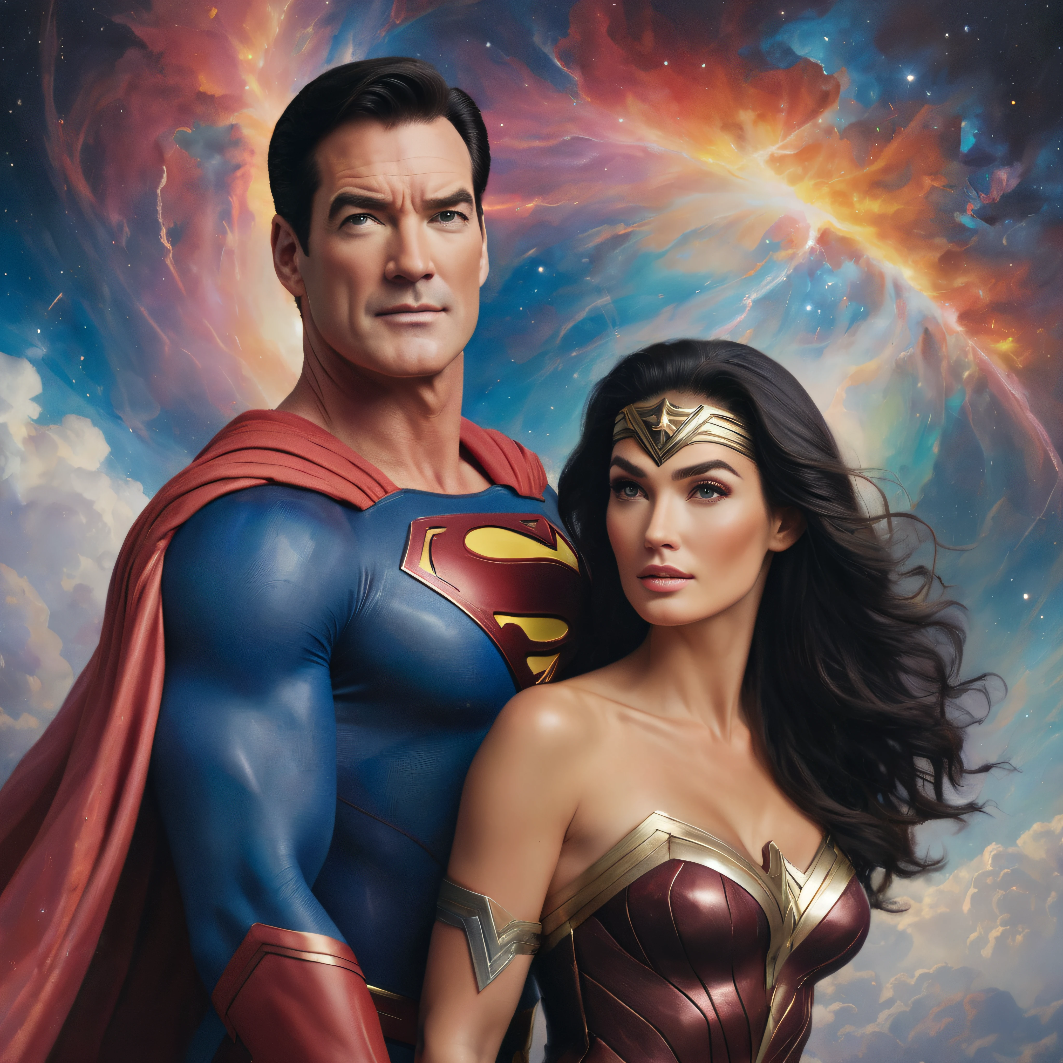 Head to shoulders image of Patrick Warburton as Superman and Megan Gale as Wonder Woman, extremely colorful, planets and stars and galaxies in the background, Multicolored lightning, fog, clouds, oil painting on canvas,