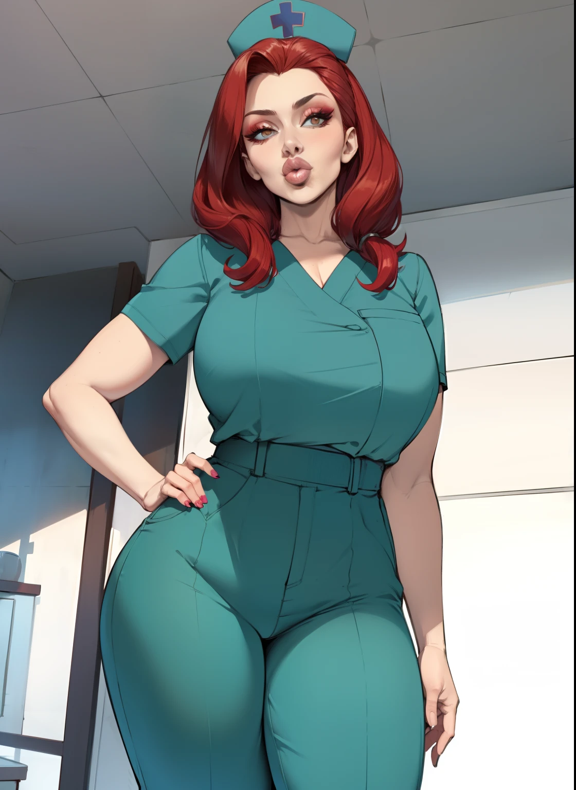 Madelaine Petsch as a nurse, milf, mature, short red hair, redhead, long straights hairstyle, slim face, high cheekbones, big lips, full lips, up-turned nose, pointy nose, pouting, pouting lips, pale skin, 90s glamour makeup, tall, curvaceous, small waist, big hips, hip dips, small breasts, medium breasts, sagging breasts, long legs, nurse scrubs, scrub pants, Best quality, 8k, Masterpiece, realistic, photorealistic