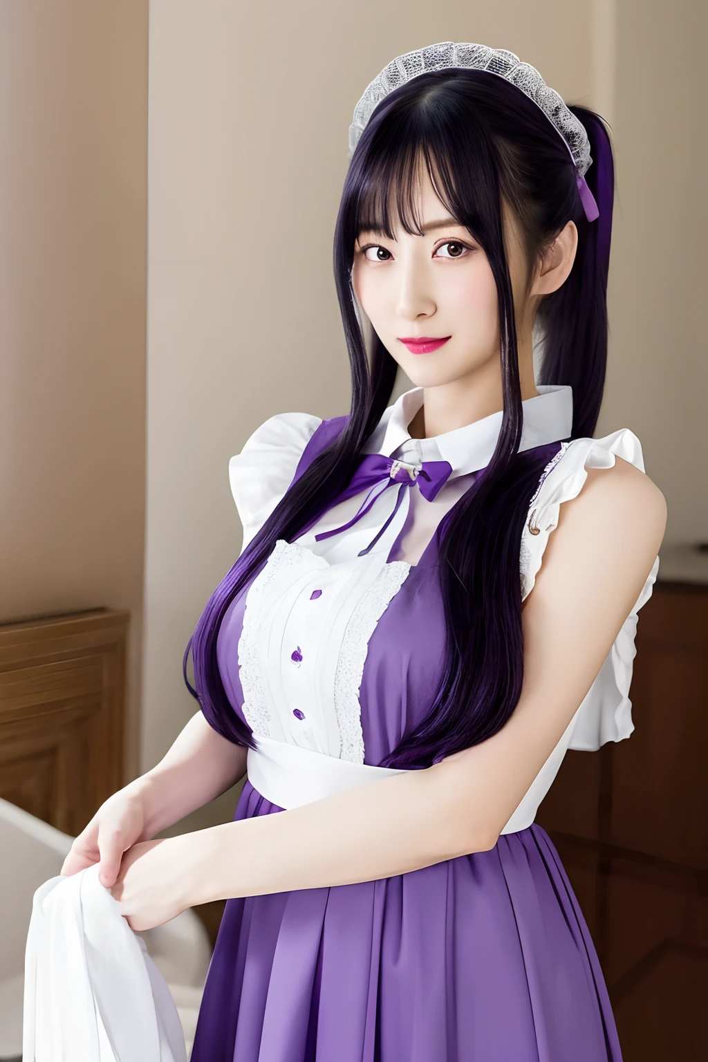 masterpiece, best quality, highres, 1girl, solo, purple eyes, very long hair, hair ribbon, ponytail, black hair, large breasts, purple hair, maid, indoors, maid headdress, embarrassed, blush, standing,