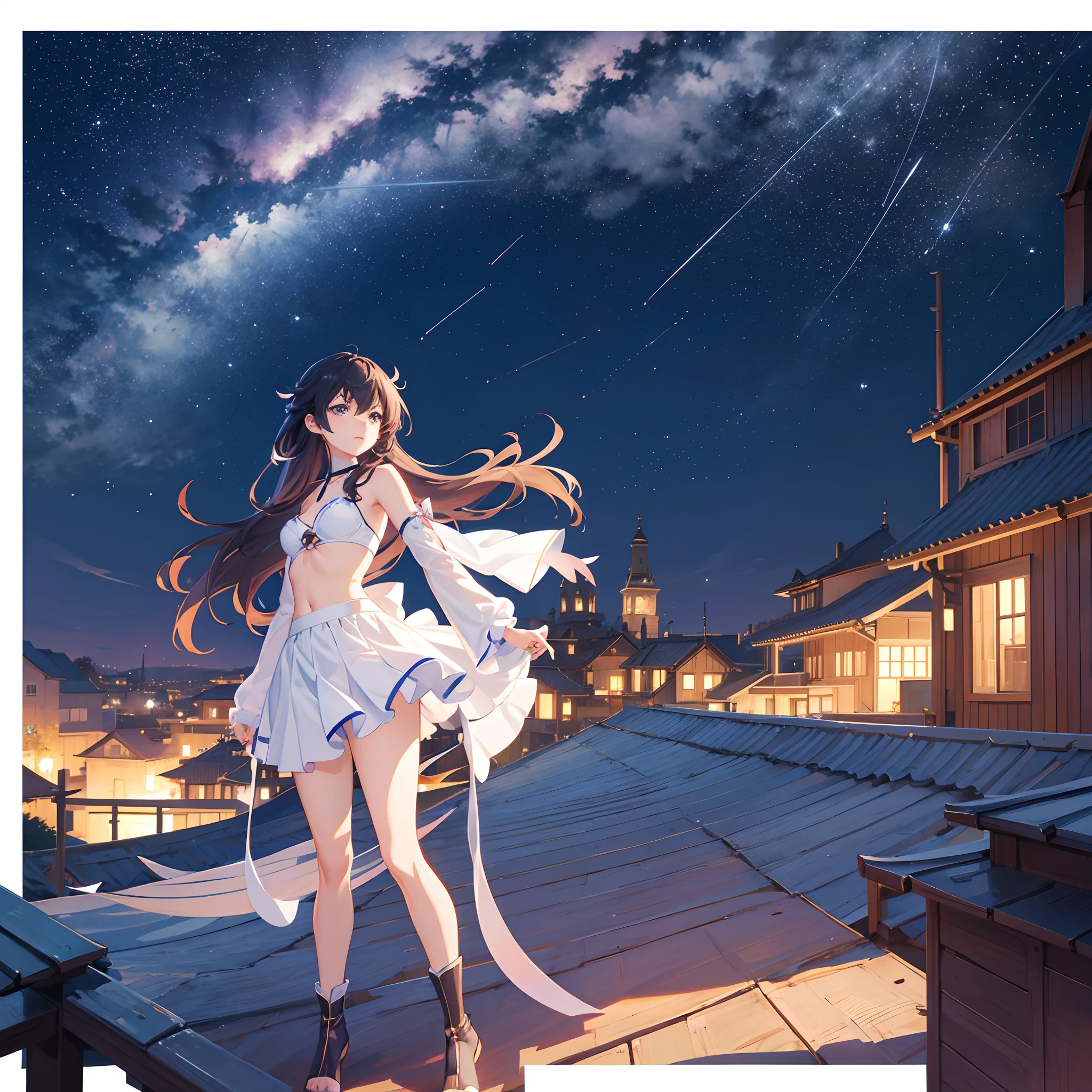 Anime Girl standing on the roof looking at the night sky with stars, anime wallpaper 4k, anime wallpaper 4 k, 4k anime wallpaper, anime art wallpaper 8 k, anime art wallpaper 4k, anime art wallpaper 4k, Style anime 4 K, makoto shinkai cyril rolando, 4 k manga wallpaper, Anime wallpaper, Papier peint incroyable, shooting stars, 2 jambe, 2 bras