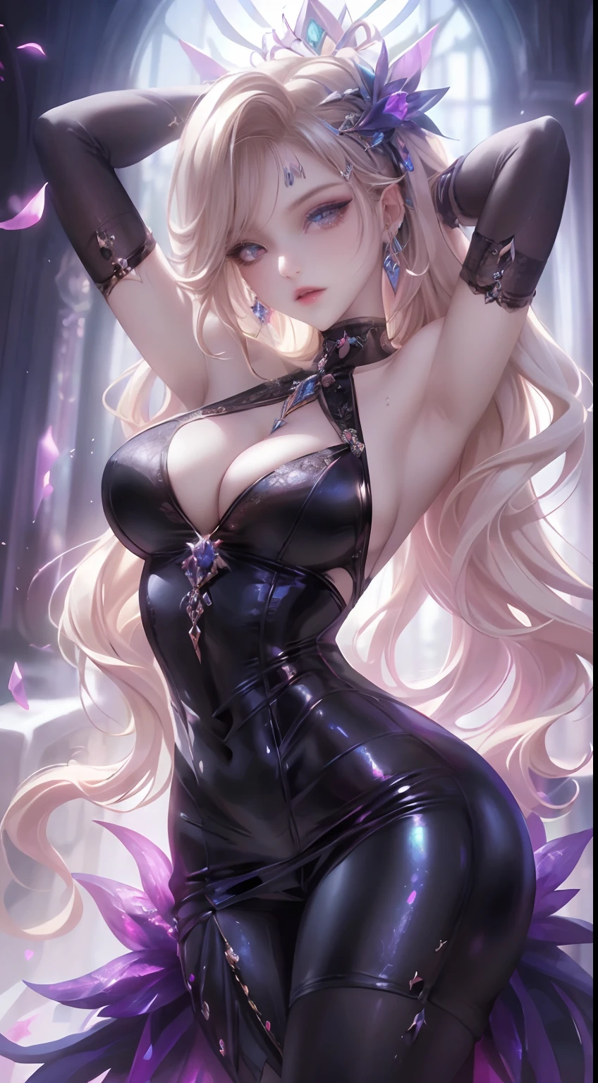 (best quality,highres,masterpiece:1.2),dramatic contrast,vibrant colors,intricate details,girl,luminous lighting,erotic lure,playful innocence,breathtaking beauty,ethereal atmosphere,subtle seduction,surreal composition,dark fantasy,delicate features,enchanted garden,sensuous poses,long blonde hair,piercing gaze,dreamlike setting,soft petals,provocative innocence,whimsical elements,mesmerizing charm,hint of danger,lush foliage,curious expression,mysterious allure,sublime enchantment,feminine elegance,subversive innocence,vivid imagination