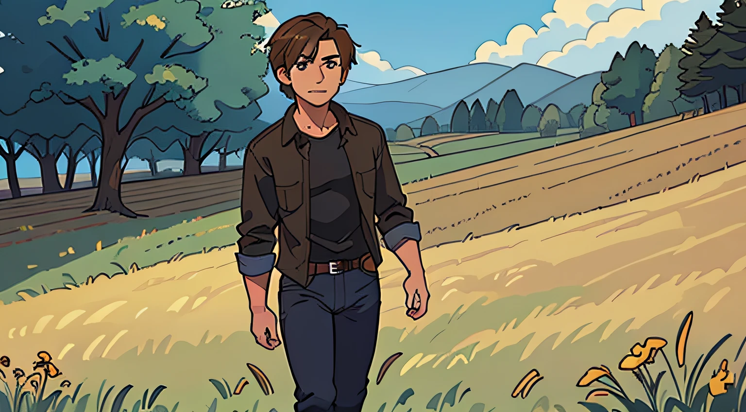 ((1 male character)), full body, brown eyes, disheveled brown hair, black shirt, (blue jeans), brown combat boots, (in the background a beautiful field).