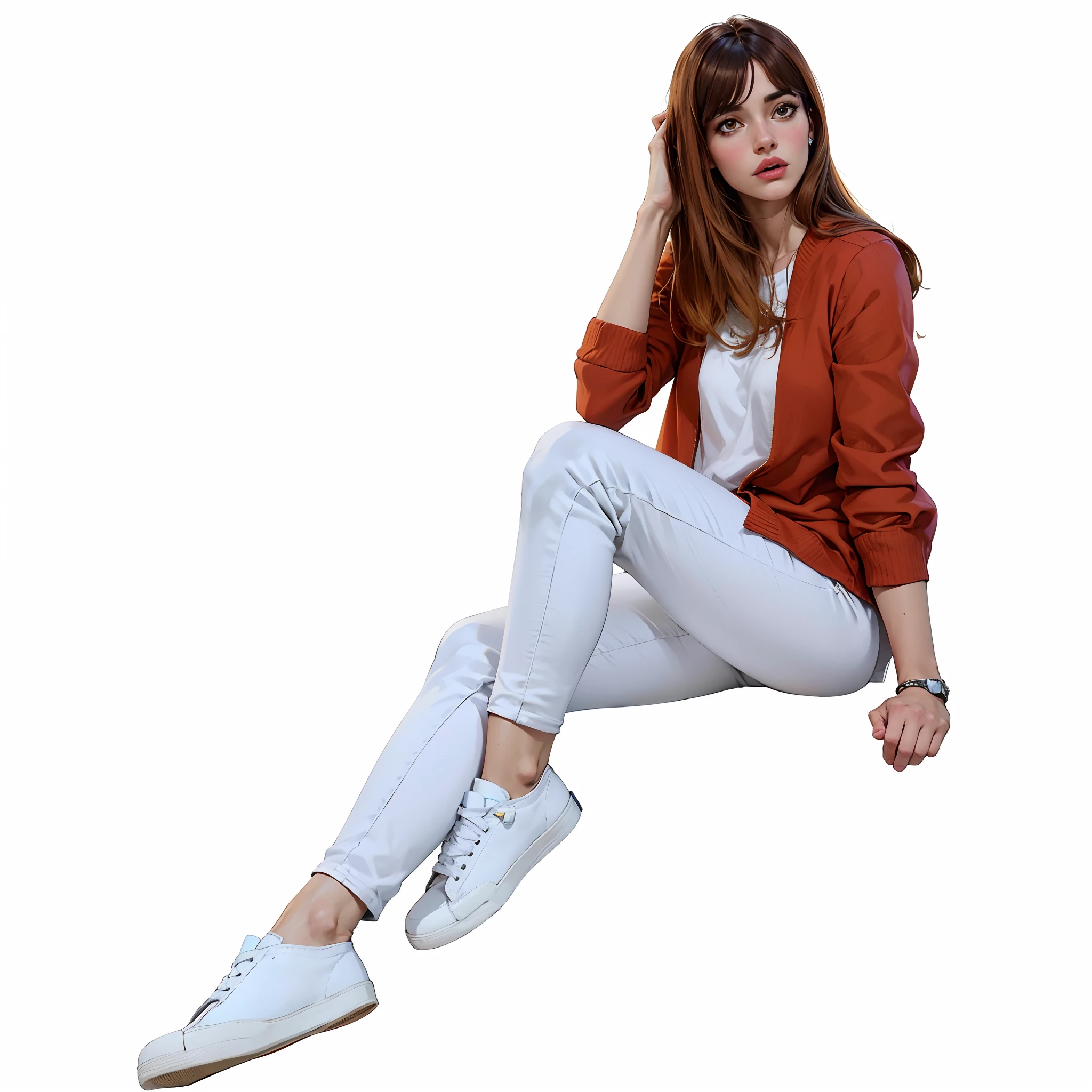 Woman sitting on a white surface with her legs crossed, woman is sitting, vestindo roupas casuais elegantes, wearing white sneakers, confident relaxed pose, com um fundo branco, fundo branco, mulher posando, imagem de alta qualidade, white pant, Pose casual, modelo da mulher, Ad image, branco e laranja, Foto de uma mulher, imagem retrato, retrato de alta qualidade