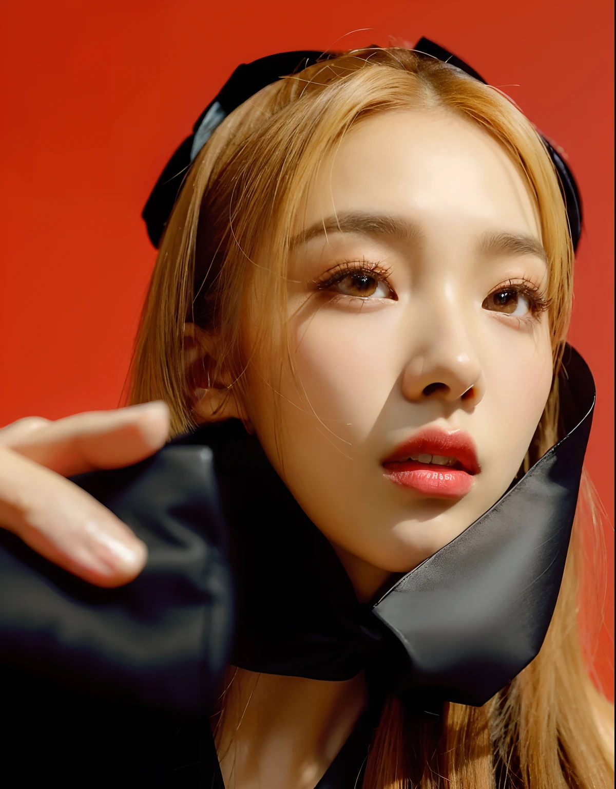 araffe woman with a black bow tie and a red background, taejune kim, portrait of jossi of blackpink, sun yunjoo, heonhwa choe, roseanne park of blackpink, jaeyeon nam, jinyoung shin, cl, glossy from rain, korean artist, seseon yoon, jossi of blackpink, kim hyun joo, kim doyoung