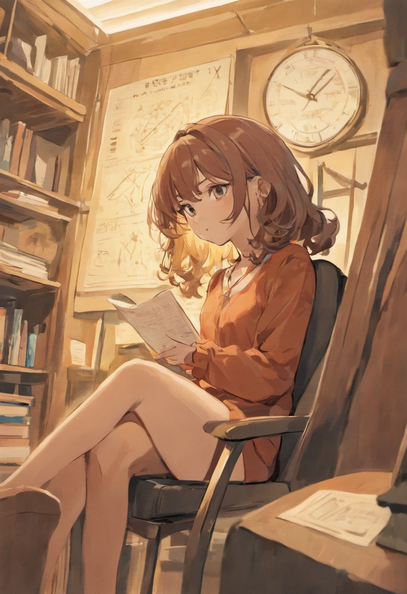 sala de terapia, Psychologist brunette woman with curly hair, Detalhes da poltrona, arte conceitual da mulher humana, duas mulheres sentadas, Highly detailed illustration, Curly-haired brunette woman features expression of well-being and balance, retrato humano, corpo humano duas mulheres , Highly detailed illustration, Features of a psychologist's office room with her patient talking