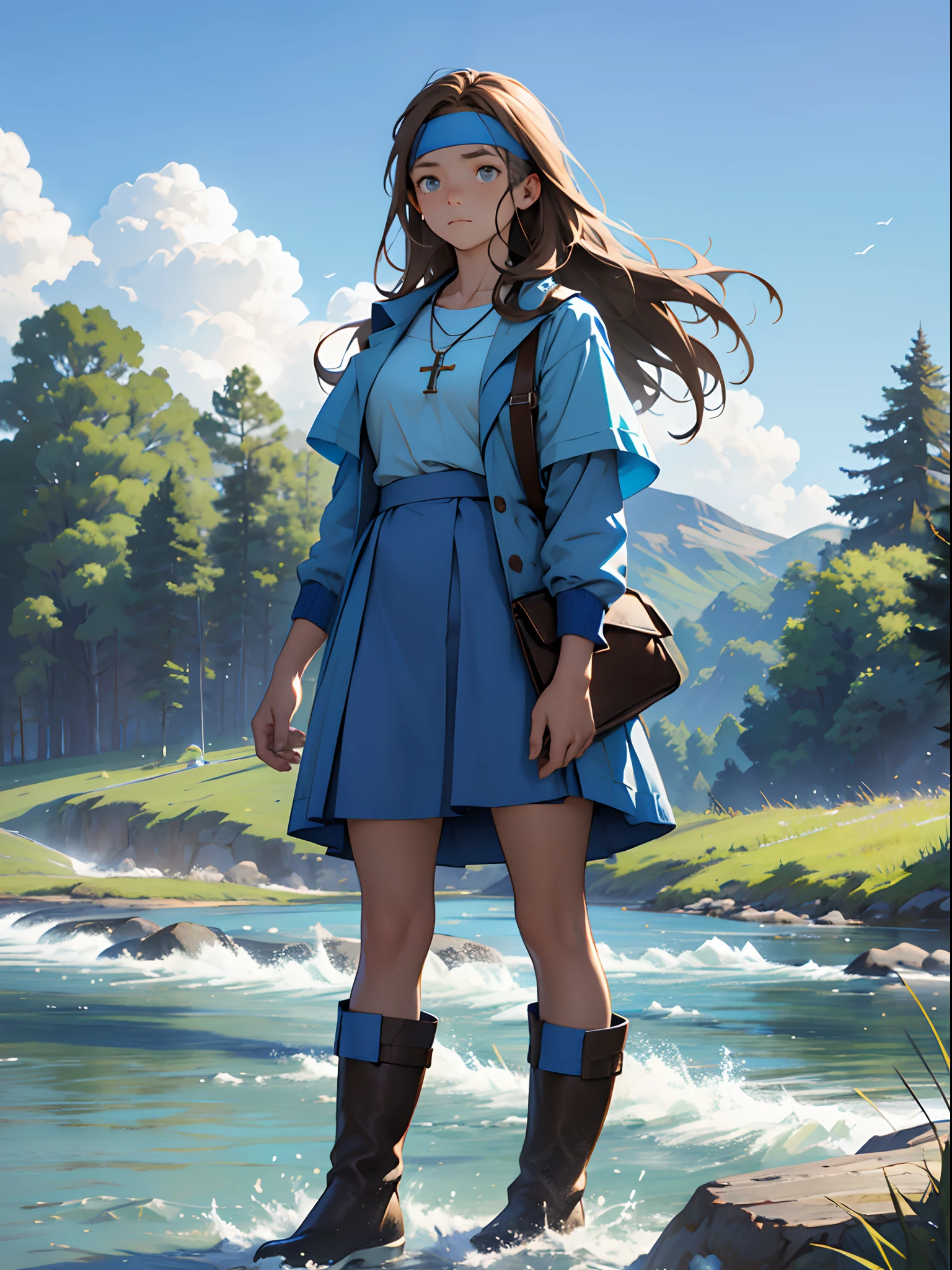girl with blue coat, SKY blue t-shirt, blue skirt, Brown high boots, white cross necklace, long Brown hair, sky blue headband, many freckles, river background, thinking pose, sad eyes