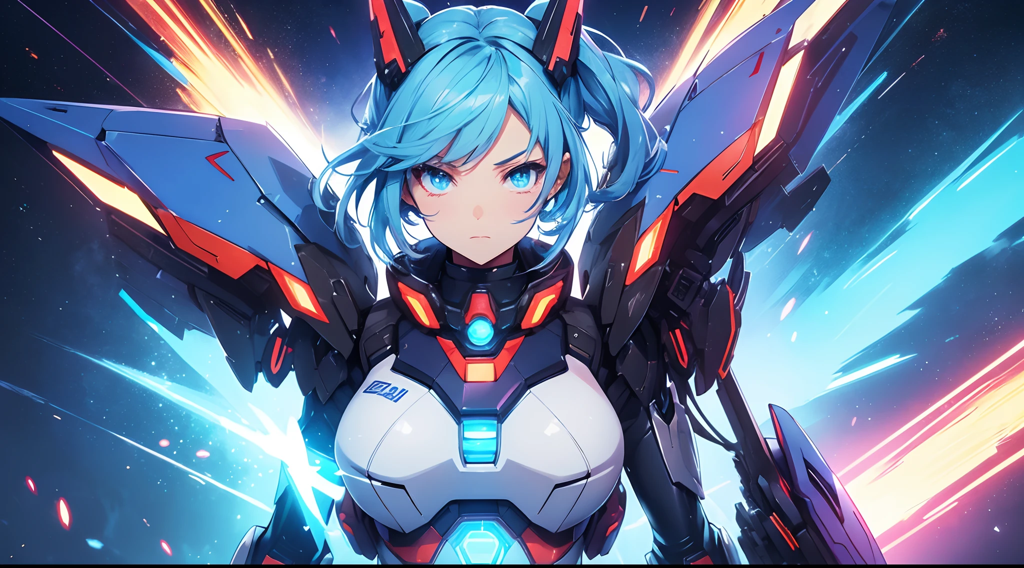 1 supercute girl wear a gundam armor, mechanical wing, Space War Background, Rainbow Aura Body, Supernove Power, Light Blue Hair, Red Eye, Perfect Body, Sexy, neon glow, Shooting Beam Cannon, Sad mood, very detailed, Fighting stance, mecha musume, detailed eyes, detailed face, Anime Art, Anime Style, Anime.
