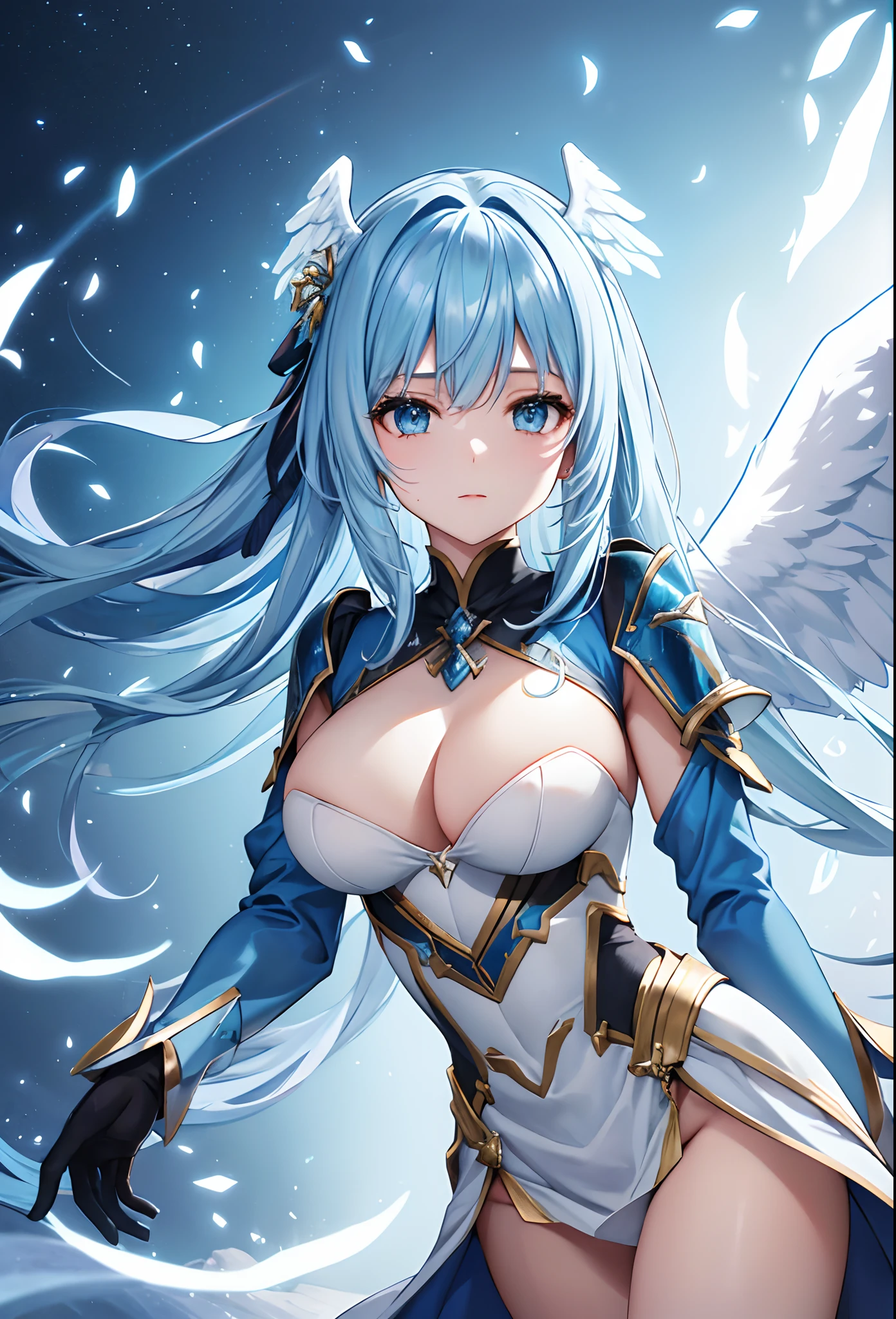 (HD Cinematic Textures)one with(femele)Is Beauty(faces)with the(Angel wings)Demonstrates。She(delicated face)and long(blue hairs)Having、Wearing technical armor、