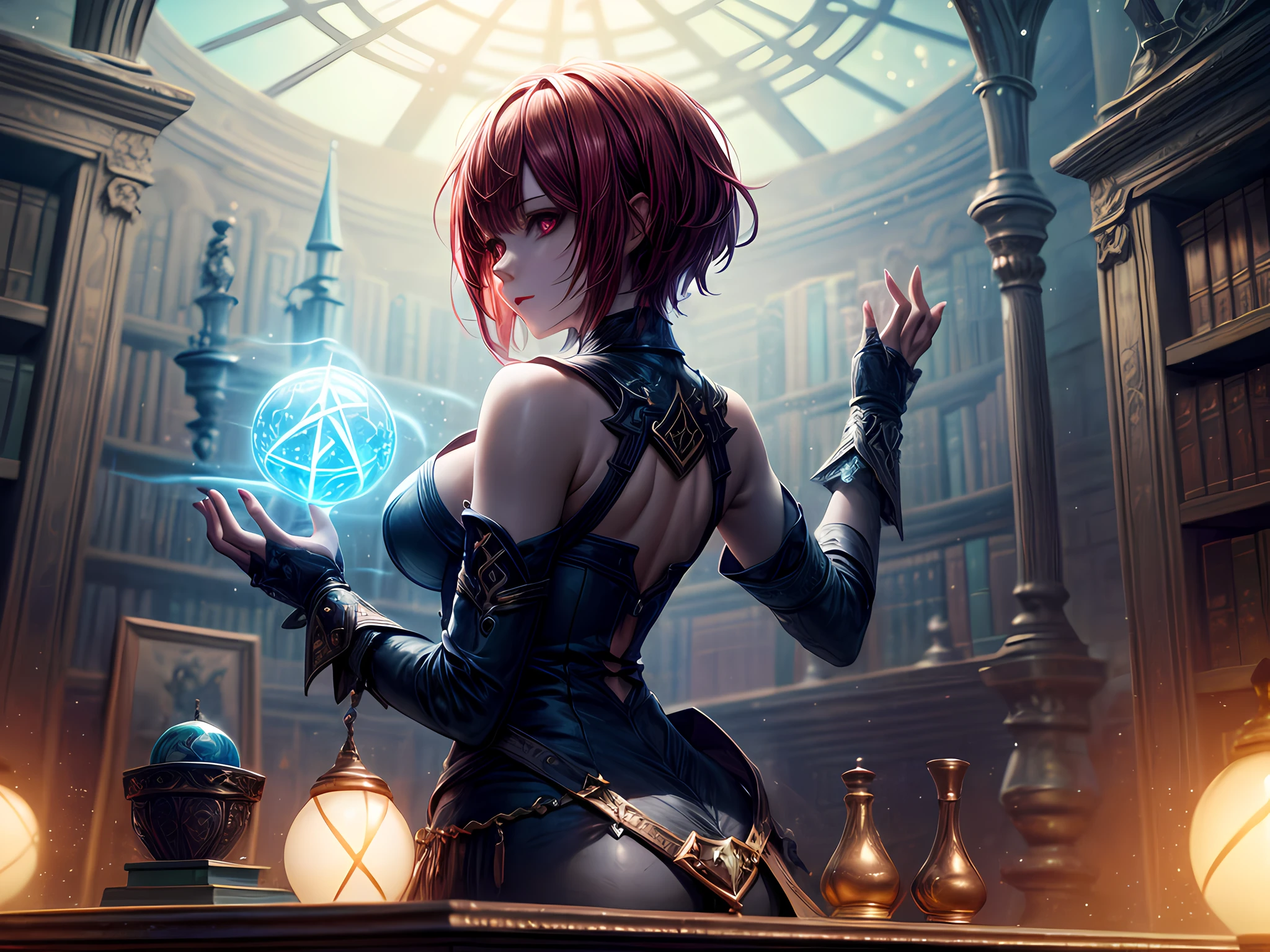 arafed, high details, best quality, 16k, [best detailed], masterpiece, best quality, (extremely detailed), a view from the rear (best details, Masterpiece, best quality), photorealistic, fantasy art, RPG art, a picture of a human sorceress sittings in her magical lab, divining distant places in her crystal ball, epic beautiful human woman (best details, Masterpiece, best quality), ultra detailed face (best details, Masterpiece, best quality), red hair, short hair, red eyes, dynamic dress (best details, Masterpiece, best quality), magical library, with many books, and magical runes and wards, glowing arcane sigils GlowingRunes_paleblue, crystal ball (best details, Masterpiece, best quality) on table, runes on crystal balls GlowingRunes_yellow, fantasy magical library background (best details, Masterpiece, best quality), Ultra-Wide Angle, high detail, award winning, best quality, HD, 16K, 3D rendering, high details, best quality, highres, ultra wide angle, 3D rendering, [[anatomically correct]]