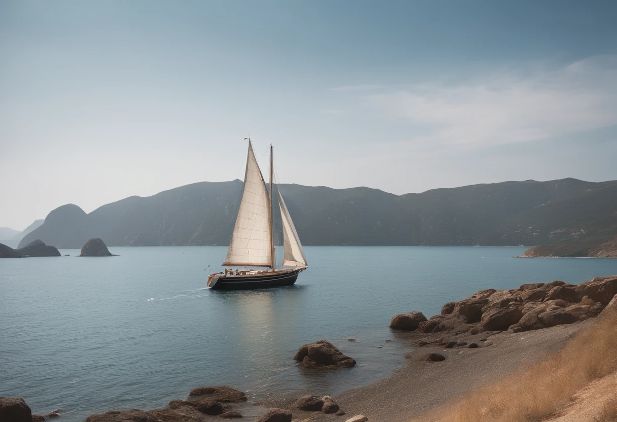 A sailing boat anchored in a quiet bay.