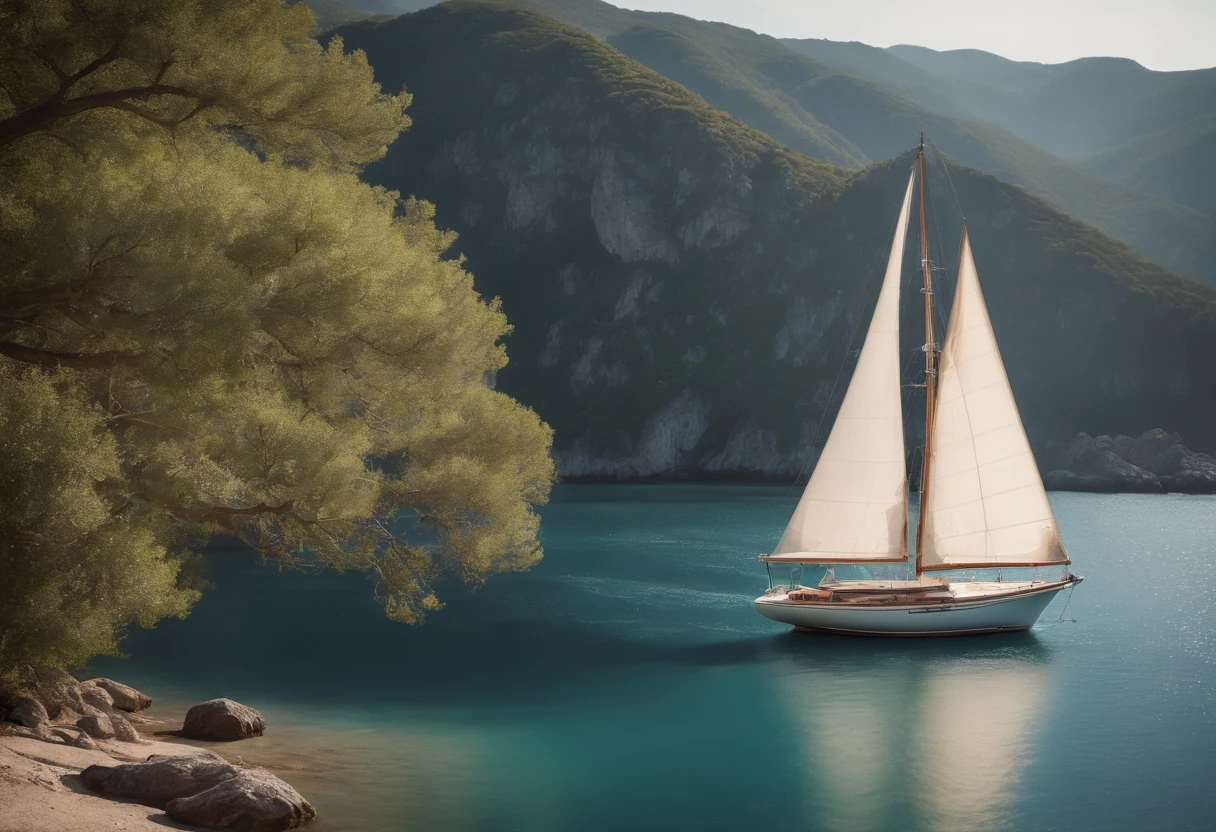 A sailing boat anchored in a quiet bay.