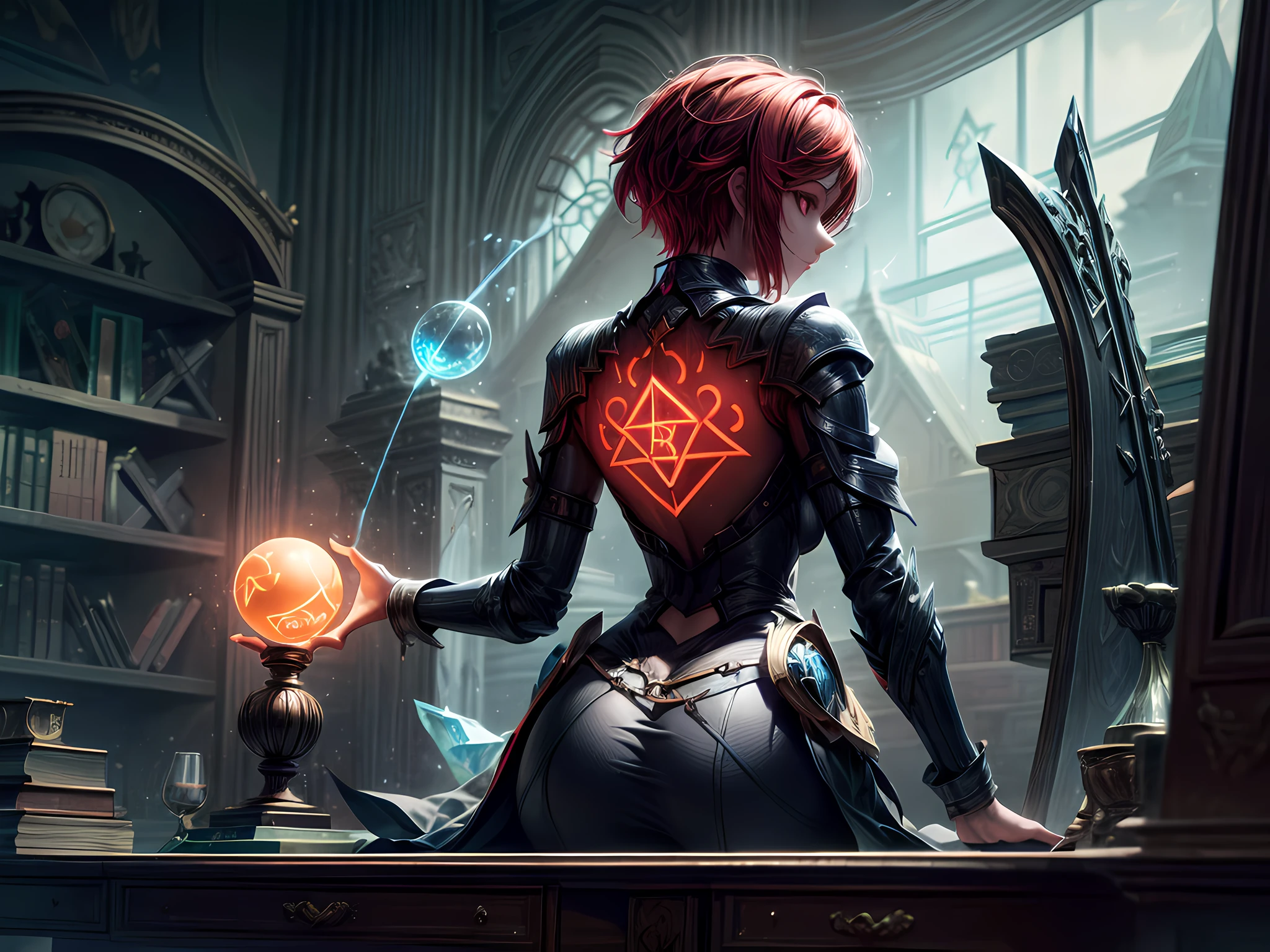 arafed, high details, best quality, 16k, [best detailed], masterpiece, best quality, (extremely detailed), a view from the rear (best details, Masterpiece, best quality), photorealistic, fantasy art, RPG art, a picture of a human sorceress sittings in her magical lab, divining distant places in her crystal ball, epic beautiful human woman (best details, Masterpiece, best quality), ultra detailed face (best details, Masterpiece, best quality), red hair, short hair, red eyes, dynamic dress (best details, Masterpiece, best quality), magical library, with many books, and magical runes and wards, glowing arcane sigils GlowingRunes_paleblue, crystal ball (best details, Masterpiece, best quality) on table, runes on crystal balls GlowingRunes_yellow, fantasy magical library background (best details, Masterpiece, best quality), Ultra-Wide Angle, high detail, award winning, best quality, HD, 16K, 3D rendering, high details, best quality, highres, ultra wide angle, 3D rendering, [[anatomically correct]]