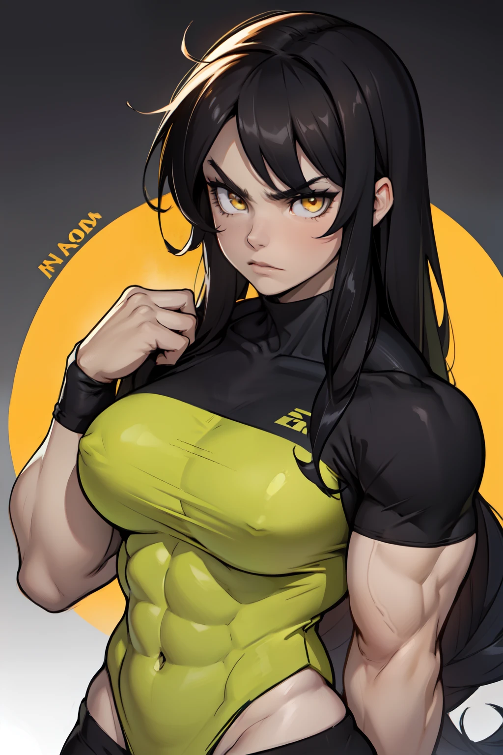 angry ((((1girl)))) (((bodybuilder))) pale skin black hair very long hair yellow eyes