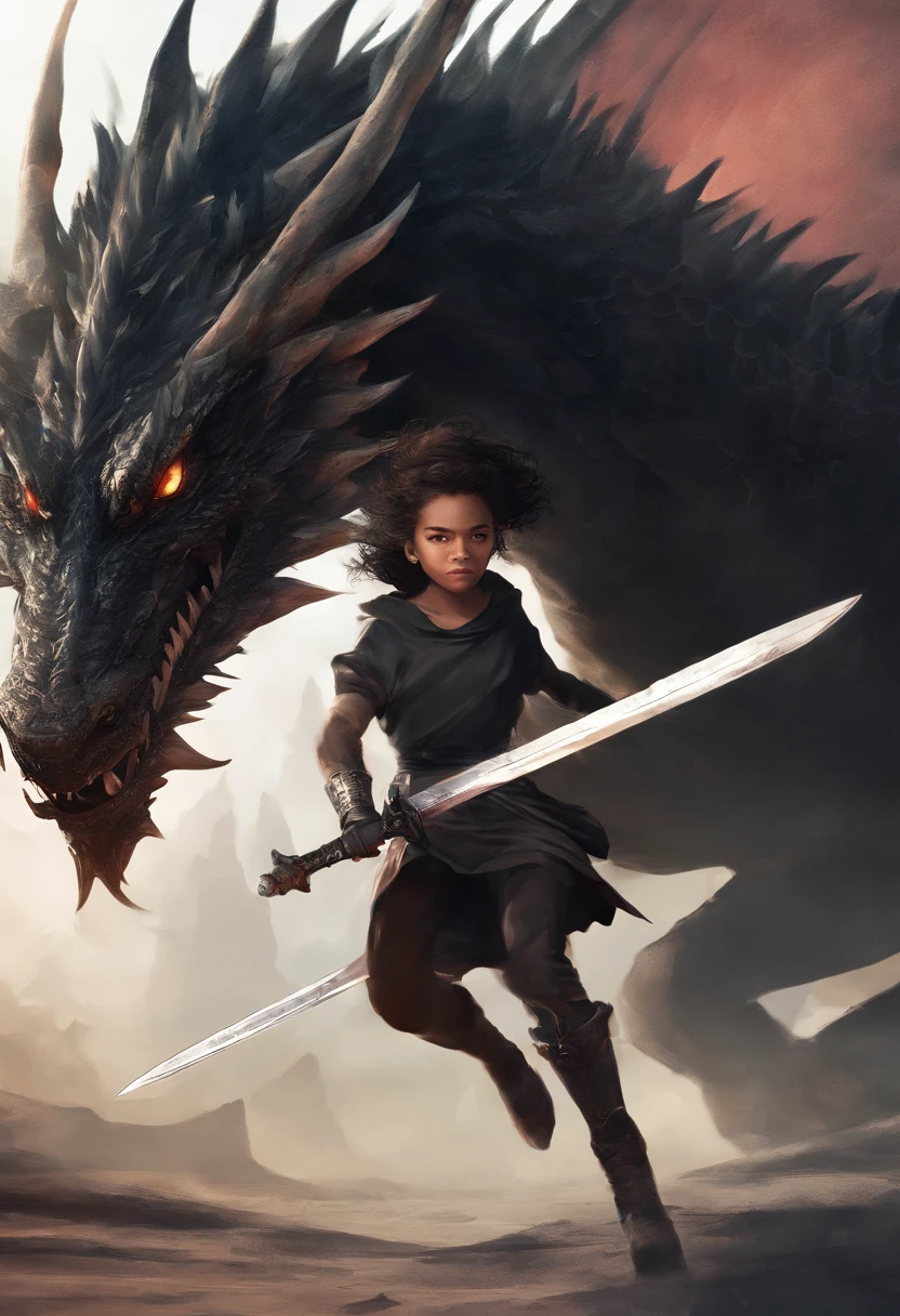 mythology, dragon slayer  girl with sword, dressed in black, running towards camera, jumping