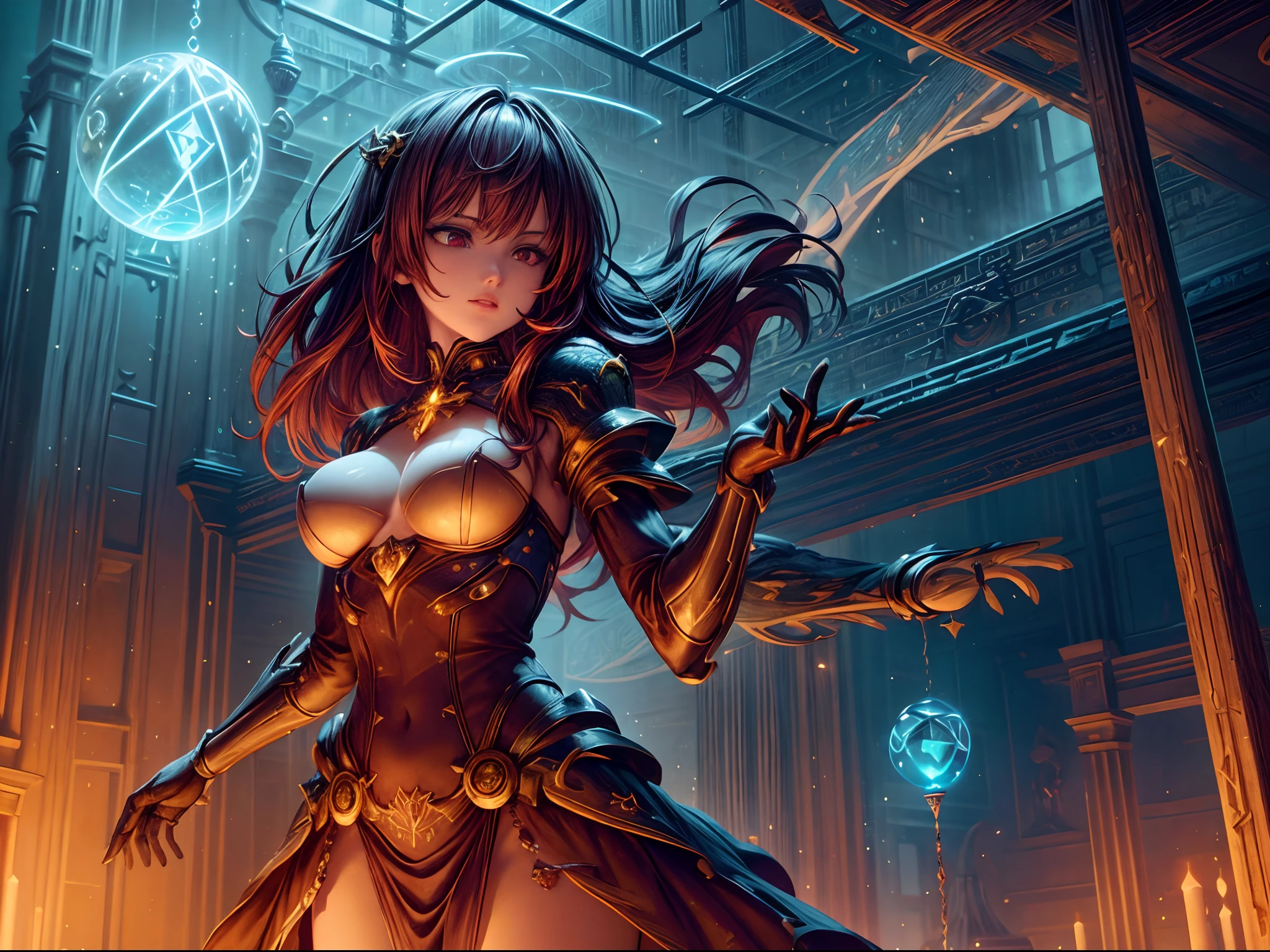 arafed, high details, best quality, 16k, [best detailed], masterpiece, best quality, (extremely detailed), a view from the rear (best details, Masterpiece, best quality), photorealistic, fantasy art, RPG art, a picture of a human mecha woman sorceress sittings in her magical lab, divining distant places in her crystal ball, epic beautiful human woman (best details, Masterpiece, best quality), ultra detailed face (best details, Masterpiece, best quality), red hair, short hair, red eyes, dynamic dress (best details, Masterpiece, best quality), magical library, with many books, and magical runes and wards, glowing arcane sigils GlowingRunes_paleblue, crystal ball (best details, Masterpiece, best quality) on table, runes on crystal balls GlowingRunes_yellow, fantasy magical library background (best details, Masterpiece, best quality), Ultra-Wide Angle, high detail, award winning, best quality, HD, 16K, 3D rendering, high details, best quality, highres, ultra wide angle, 3D rendering, [[anatomically correct]]
