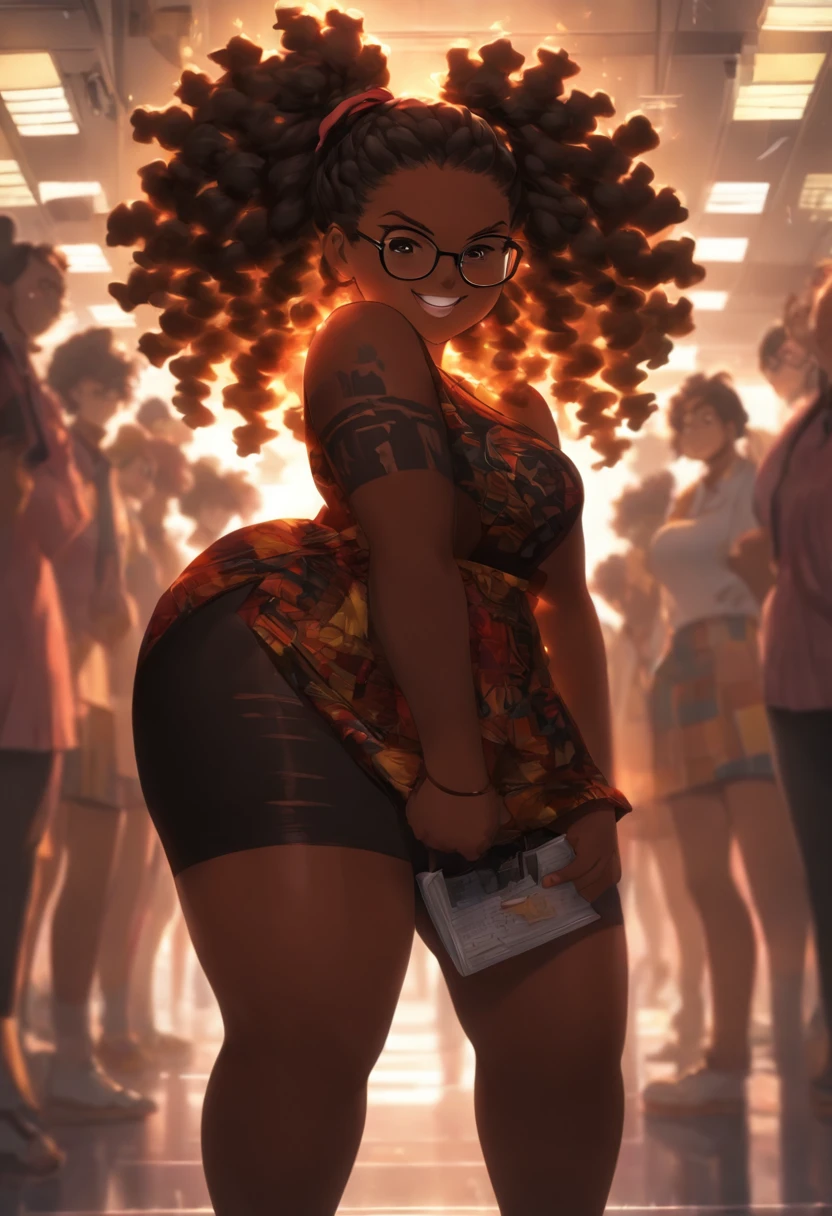 fat girl, obese girl, standing in a classroom, huge ass/thighs, sexy afro girl, black braids, wearing dress massive boobs, wearing glasses, brown glowing eyes, very dark skin, happy smile High resolution