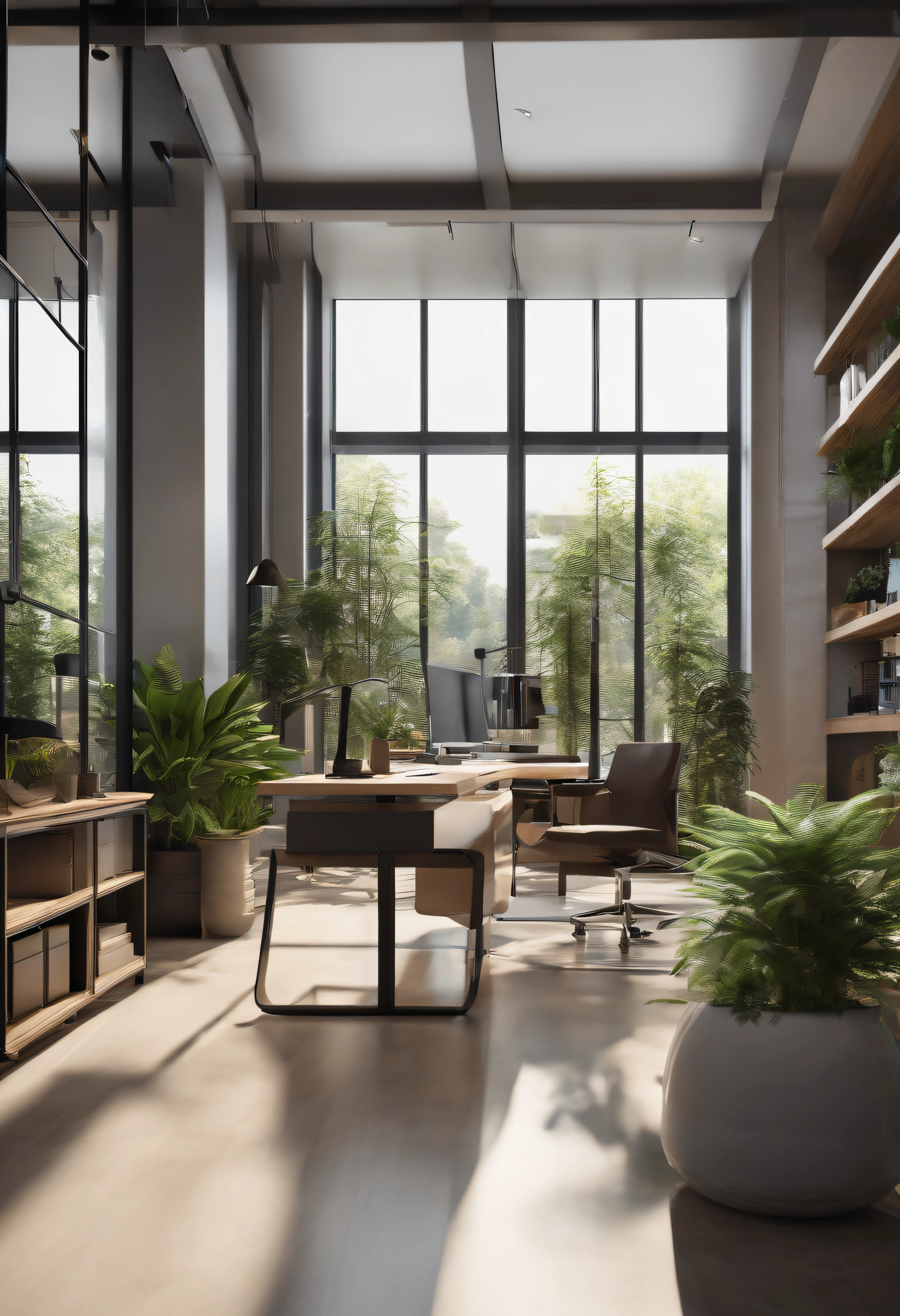 (highres:1.2),detailed view,empty street outside,industrial-style design,large glass windows,modern architecture,reflections from the glass,modern office interior,open concept layout,spacious and bright,ergonomic furniture,large desk with computer monitors,bookshelves filled with books,digital display showing real-time data,comfortable lounge area,coffee machine and water dispenser,floor-to-ceiling indoor plants,artistic wall decoration,calm and cozy lighting