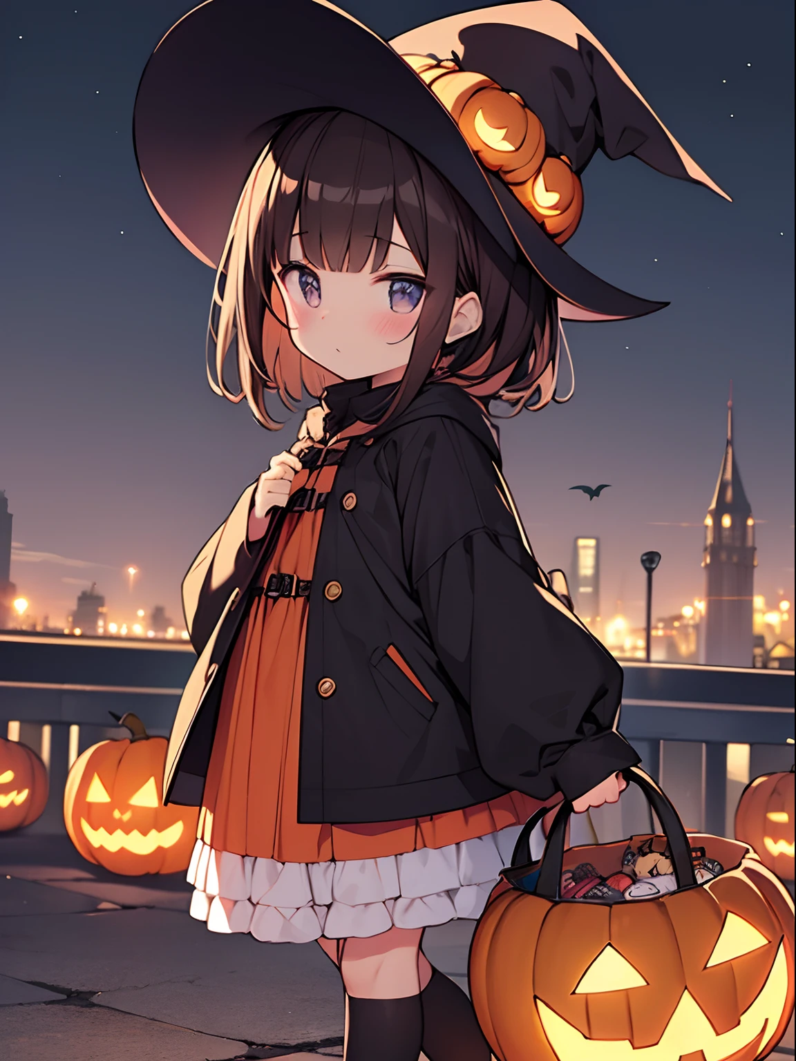 Halloween, costumes, brown hair, black hair, jack o lantern, cute, Cute cityscape at night,  witch,walking,infant(child)