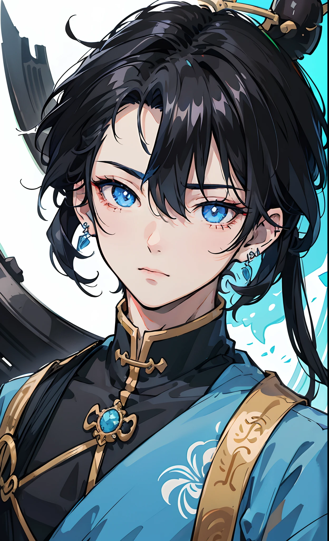 Anime character boy with blue eyes black hair wearing a hearring wearing cherung jow fu