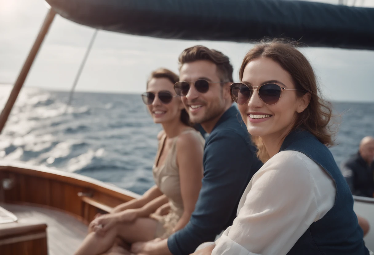 Happy people on board a boat on the high seas