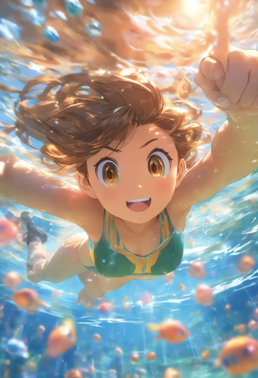 foreshortening, depth of field, masterpiece, best quality, 1girl, brown hair, brown eyes, long hair, underwater, air bubble, soft, school swimsuit, swimming, dappled sunlight,