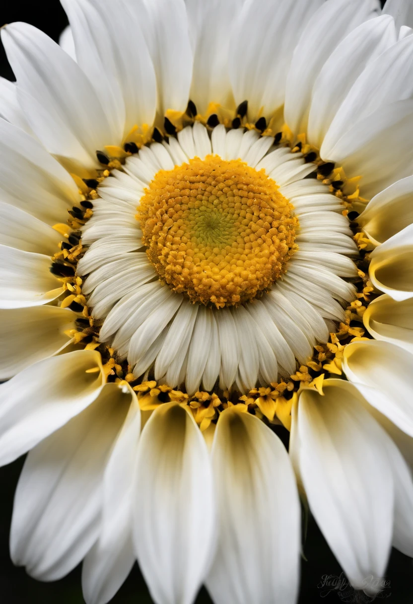 flor inspirada en una margarita, petalos blancos grandes, estilo amarillo muy marcado efecto girasol, la for es un dibujo artistico y tiene una sobra negra