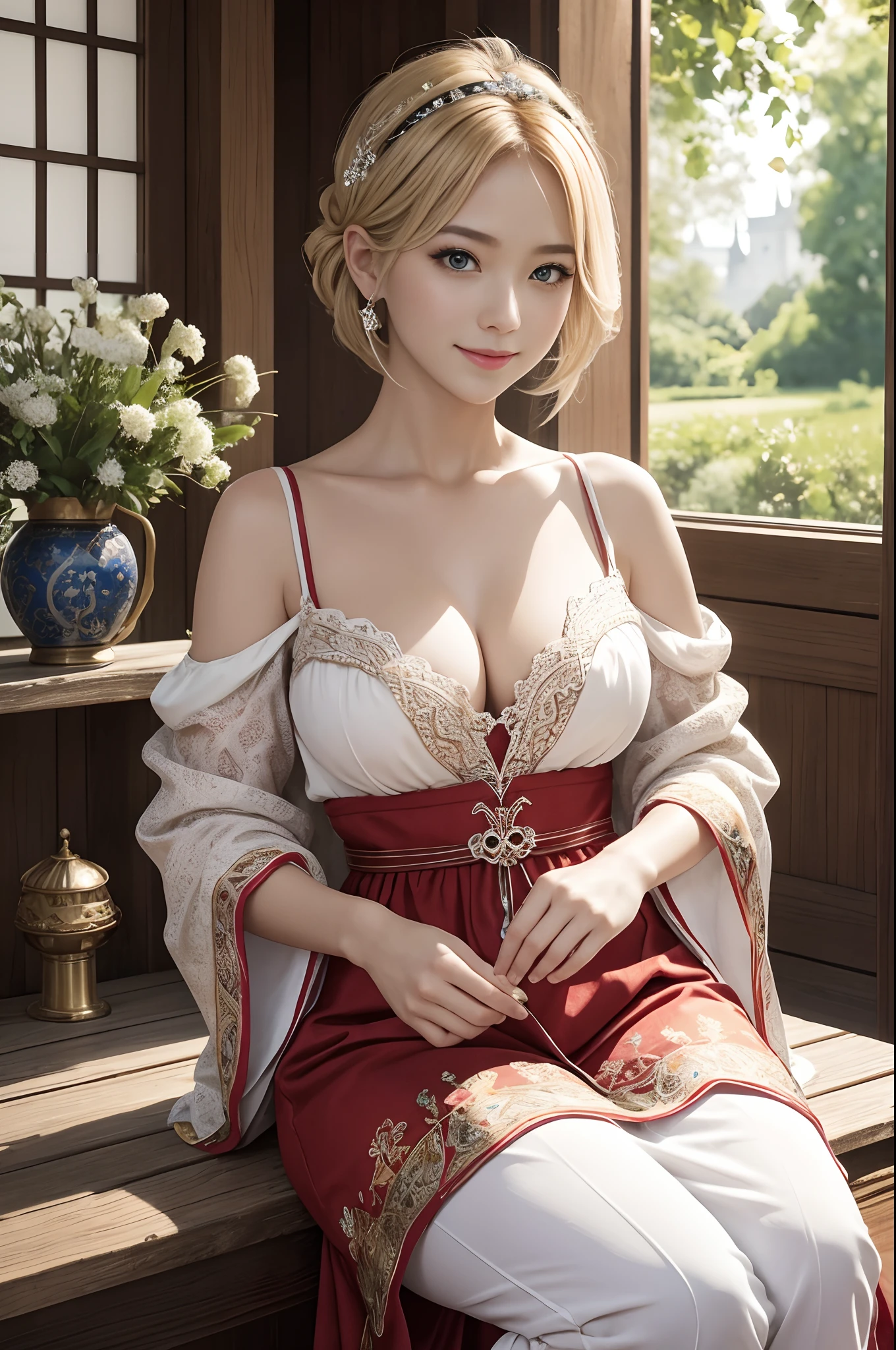 (dark shot:1.1)The whole body of the princess,Sexy Princess Armor(absurderes、hight resolution、ultra-detailliert)、One woman's whole body、Red and White Princess Chest Armor、Red and white trousers and leg armor、Big mature women、Princess in a gorgeous dress、Blonde short bob、Thin big mature woman、blue eyess、sexy dress、long-sleeve、fine eyes and detailed face、intricate detailes、BREAK Mosaic Art、Small Pieces、colorful tesserae、complex pattern、tiled designs、durable surfaces、Old fashioned technique BREAK macro photography、extreme close - up、intricate detailes、Enlarged texture、stunning clarity、Hidden beauty、Immersive perspective breaks、artisanal creations、Handmade Products、unique designs、intricate detailes、Creative expression、skilled craftsmanship、enchanted、enchanted、enchanted、enchanted、English Garden、a smile、