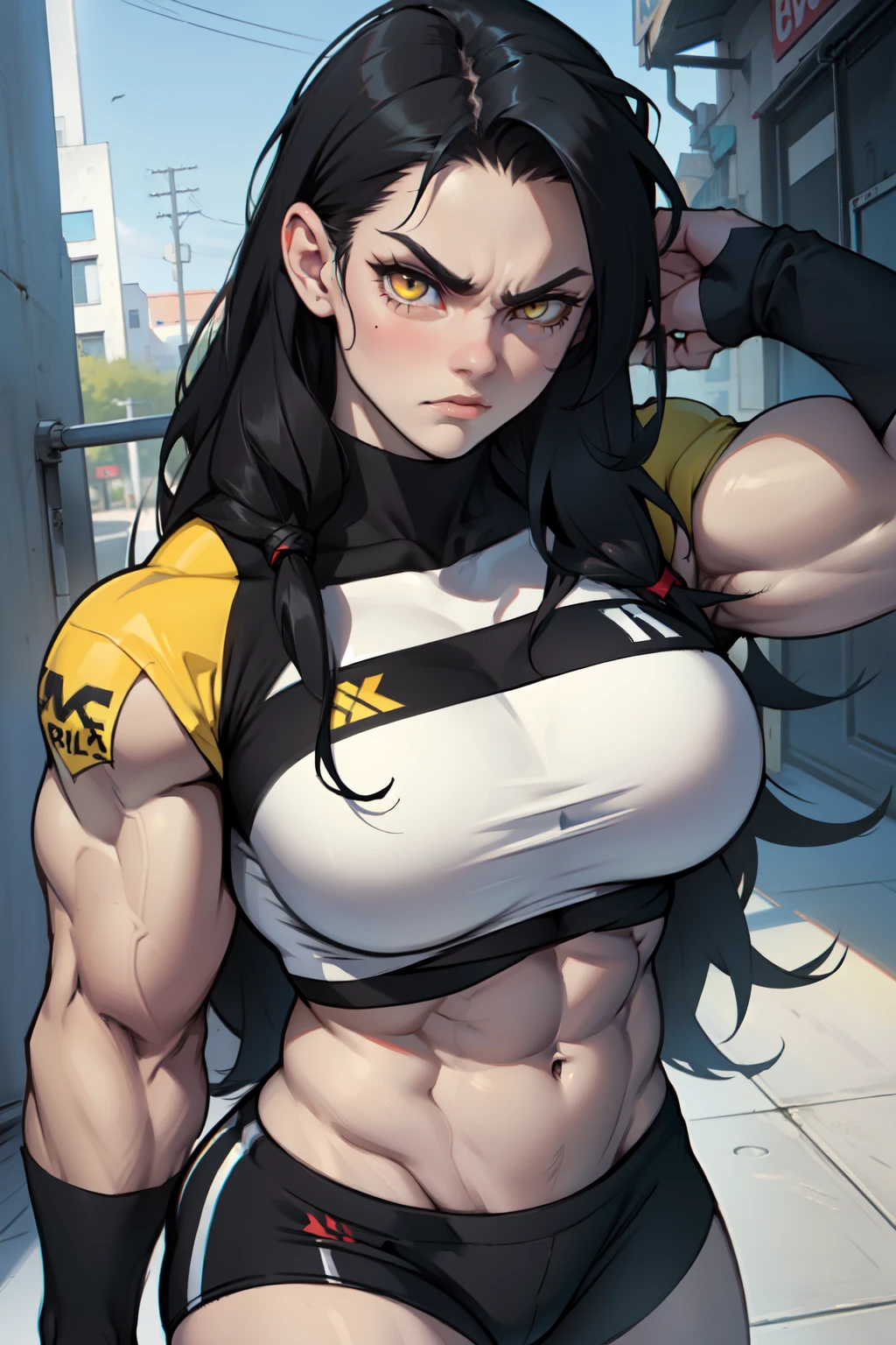 angry ((((1girl)))) (((bodybuilder))) pale skin black hair very long hair yellow eyes long abs